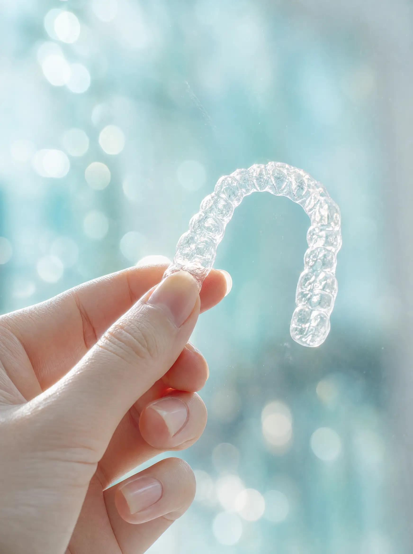 A clear removable appliance held up to the light between finger and thumb