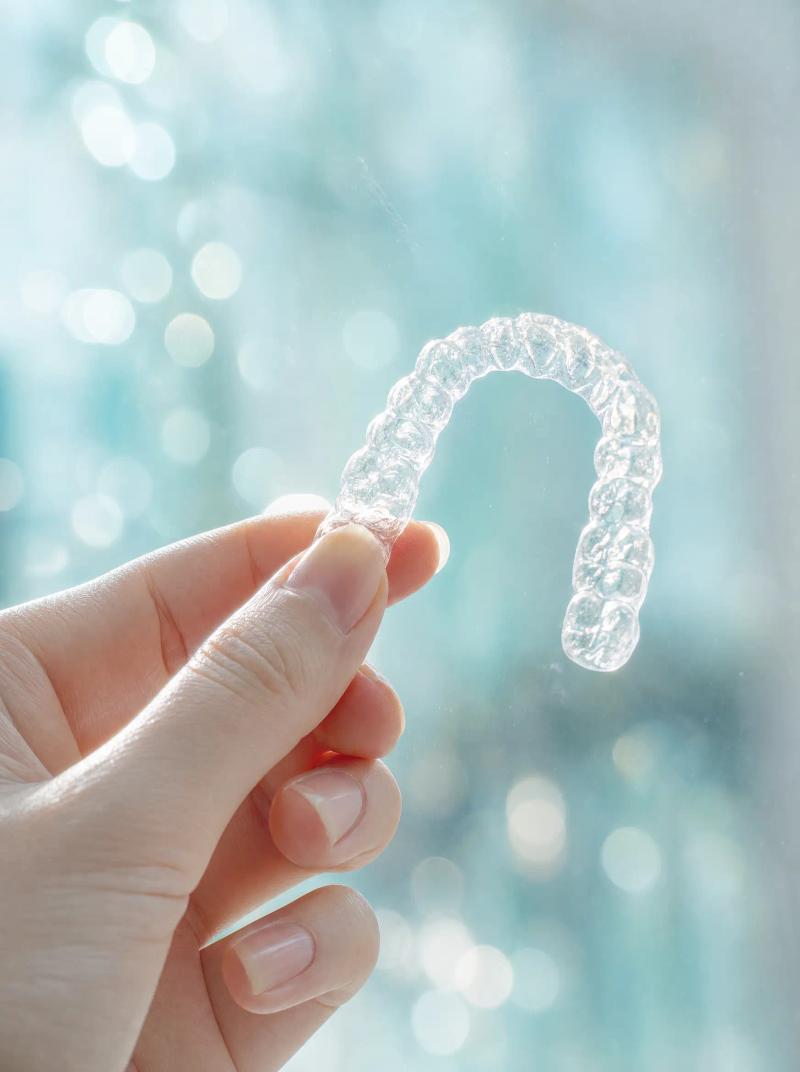 A clear removable appliance held up to the light between finger and thumb