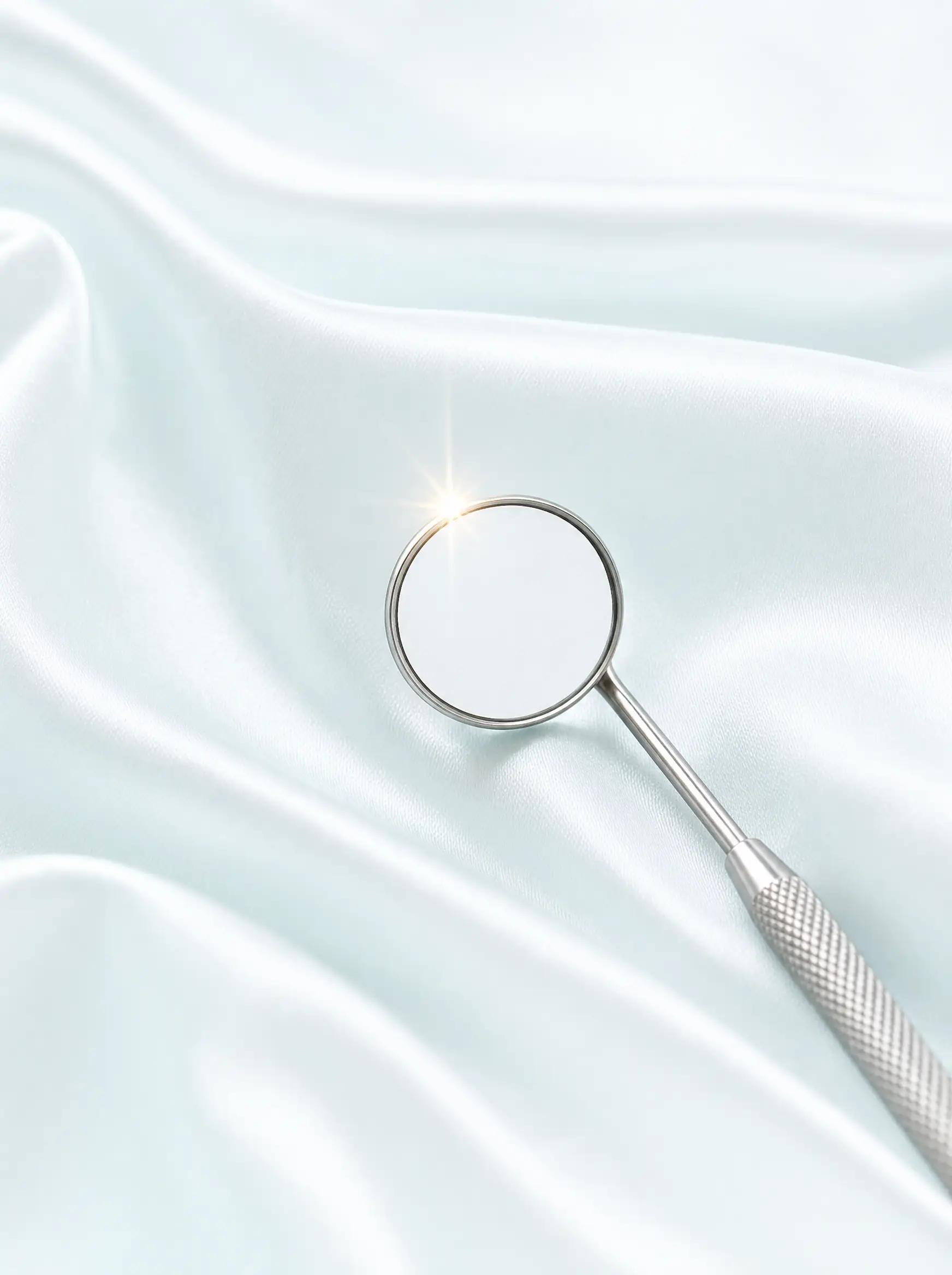 Polished dental mirror resting on folded pearl-white linen