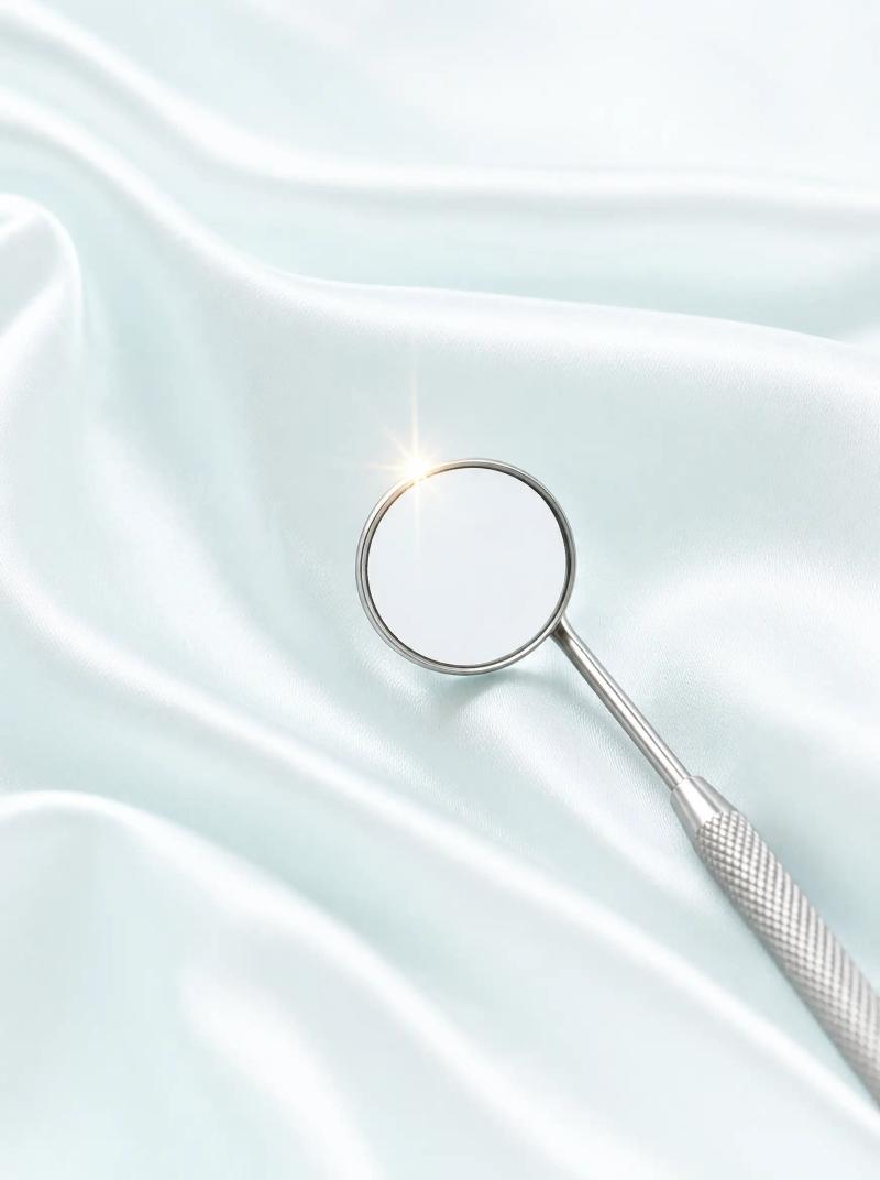 Polished dental mirror resting on folded pearl-white linen