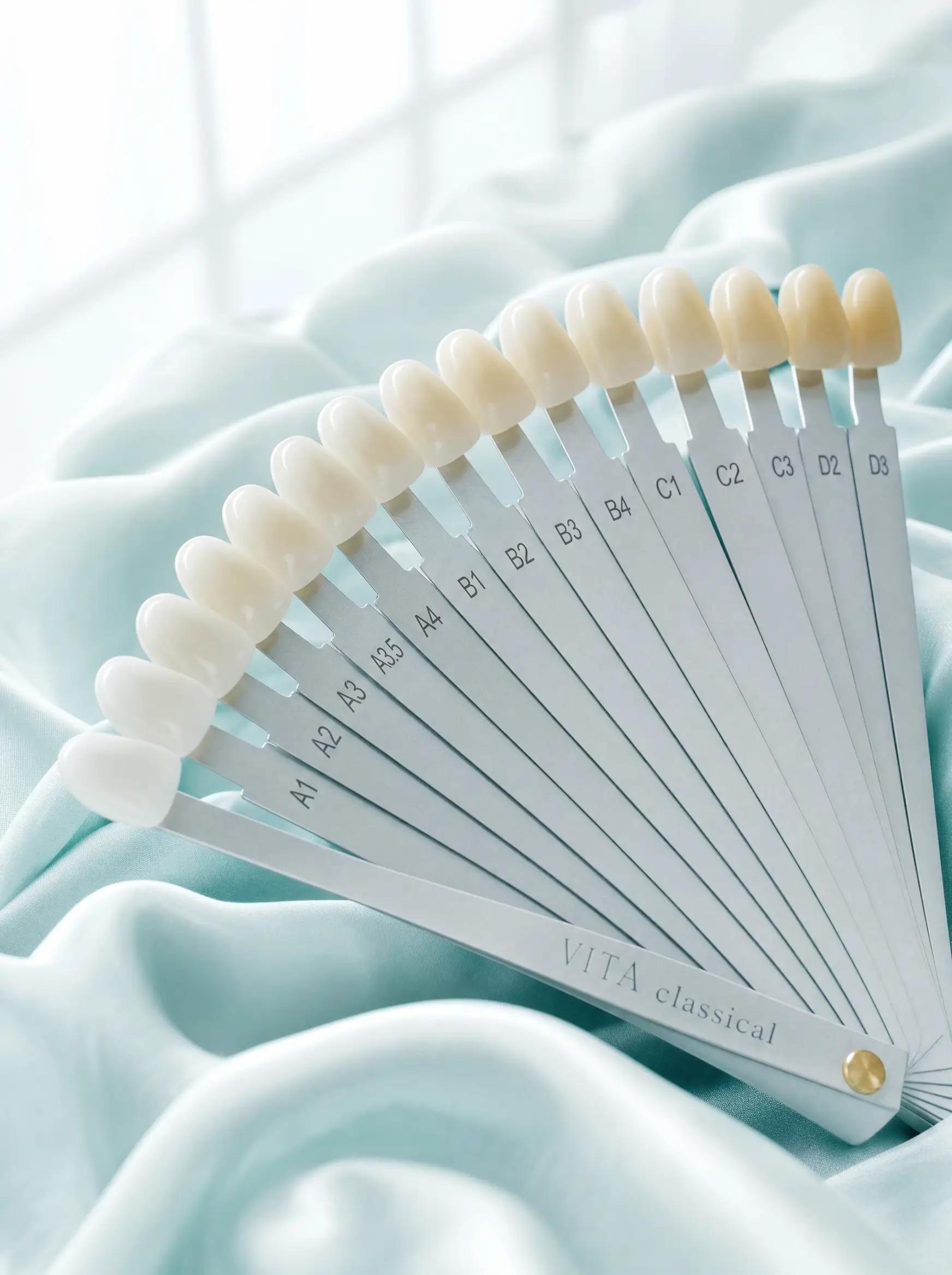 A VITA shade guide fanned out on aqua silk — the scale your result is matched against