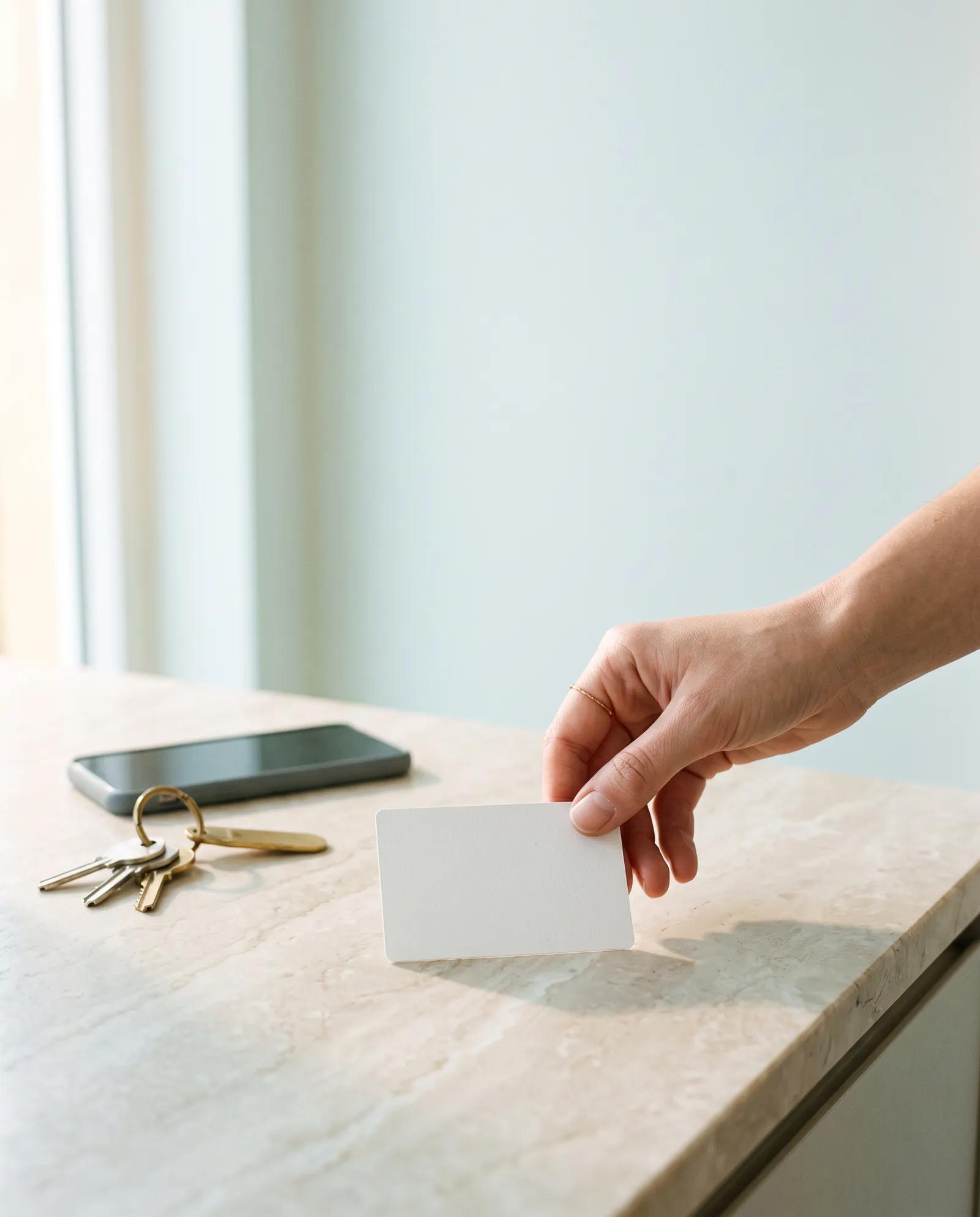 A student card being set down on a pale stone reception counter beside keys and a phone, in soft daylight