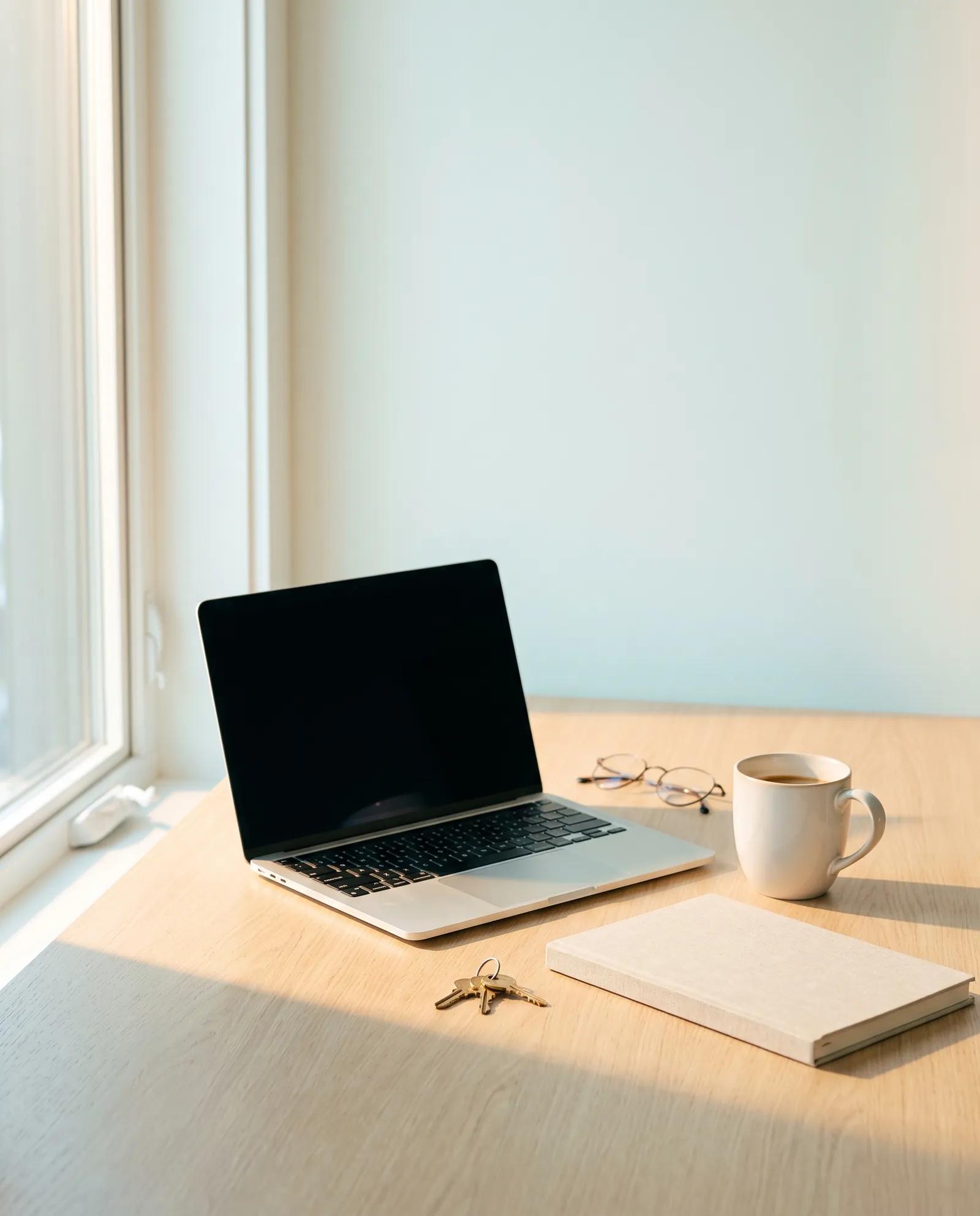 A study table by a window in morning light with a laptop, a mug of coffee, keys and a closed notebook