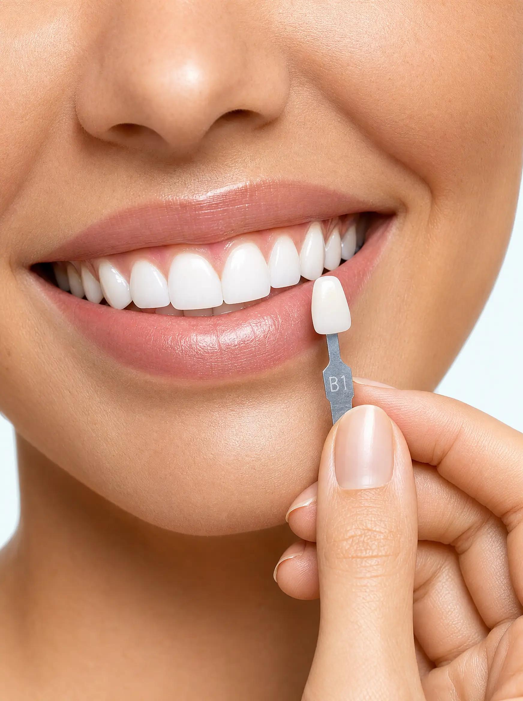 A bright smile checked against a B1 shade tab in soft light