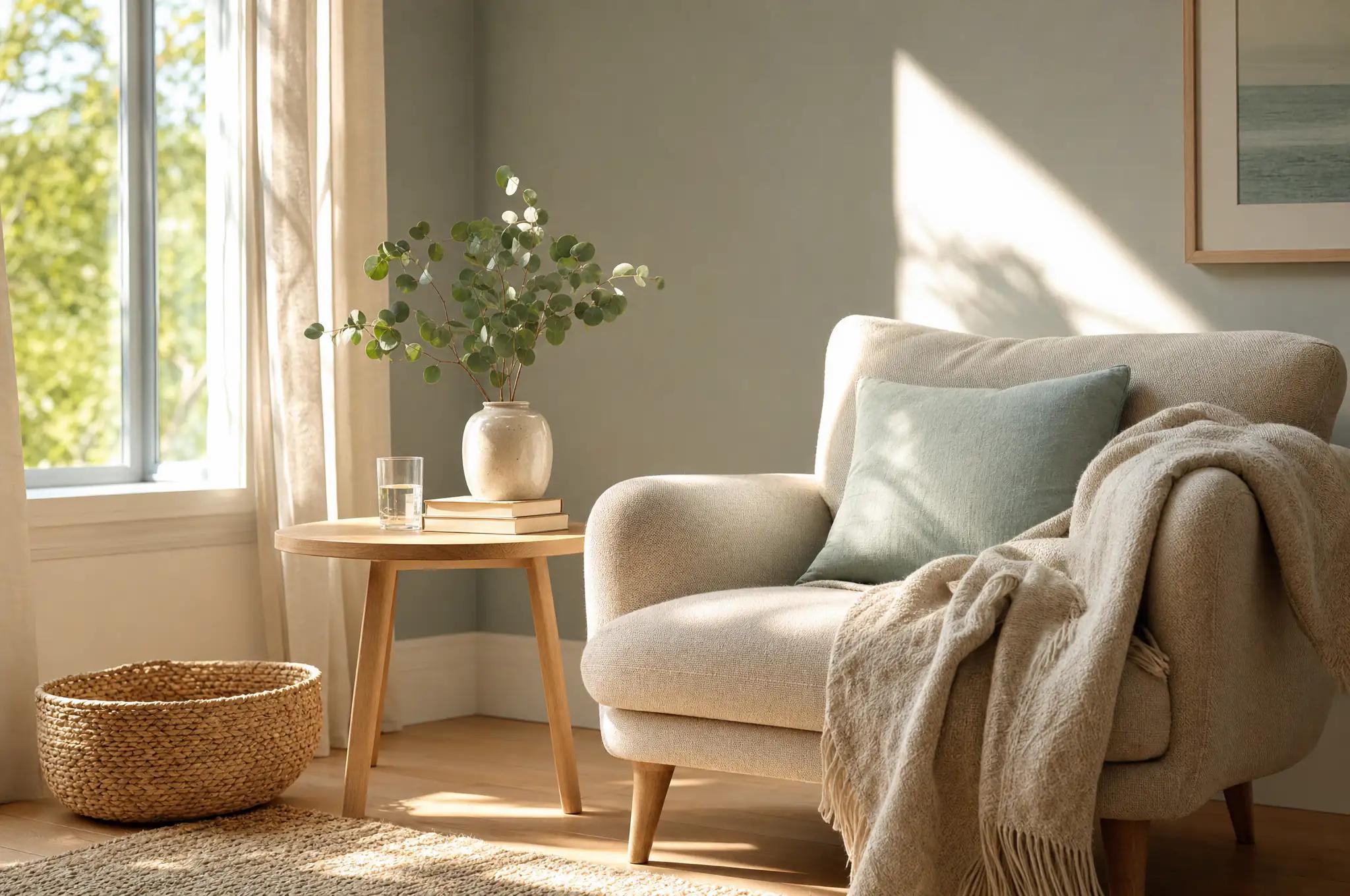 A sunlit corner at home on the day after — a soft armchair with a folded throw, a glass of water and eucalyptus on a small oak table