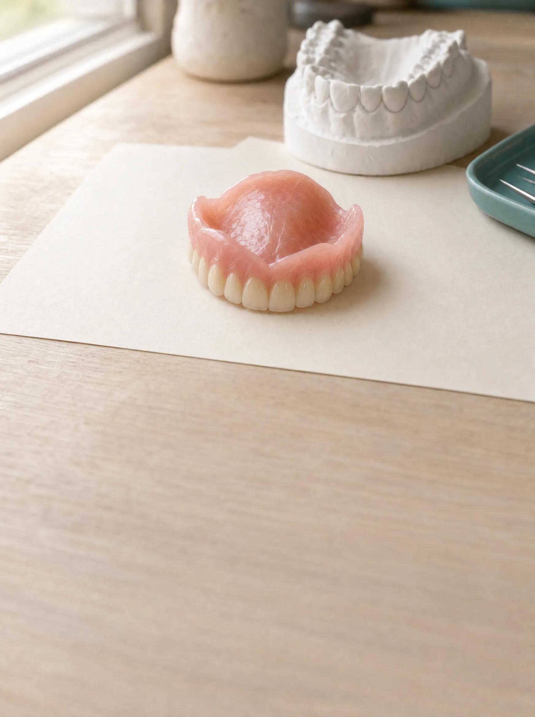 A complete upper denture on a sheet of paper at a laboratory bench, a plaster cast behind it