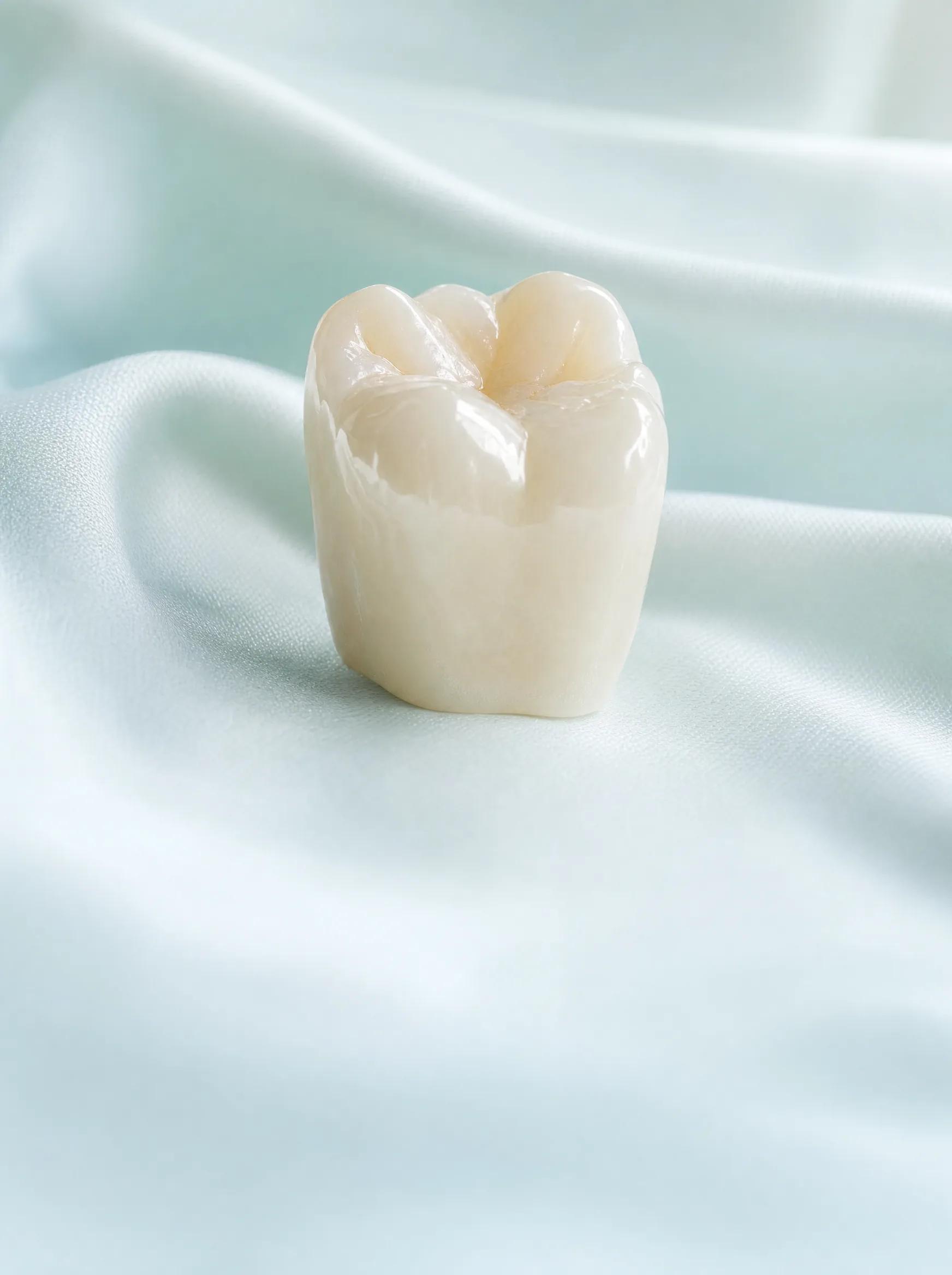 A single porcelain crown standing on softly draped pale aqua silk