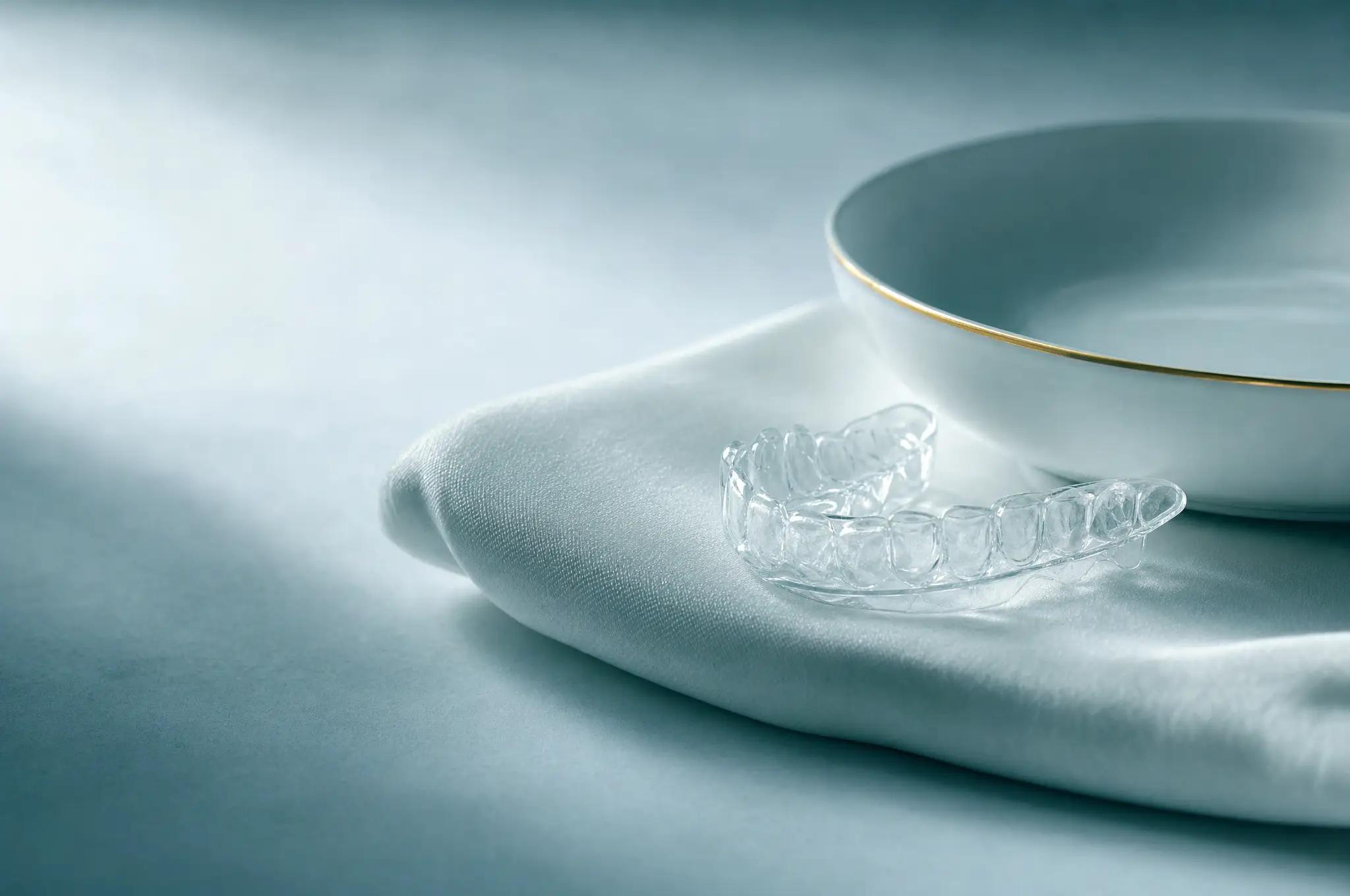 A custom take-home whitening tray and its case, laid out on the clinic's aqua and pearl palette