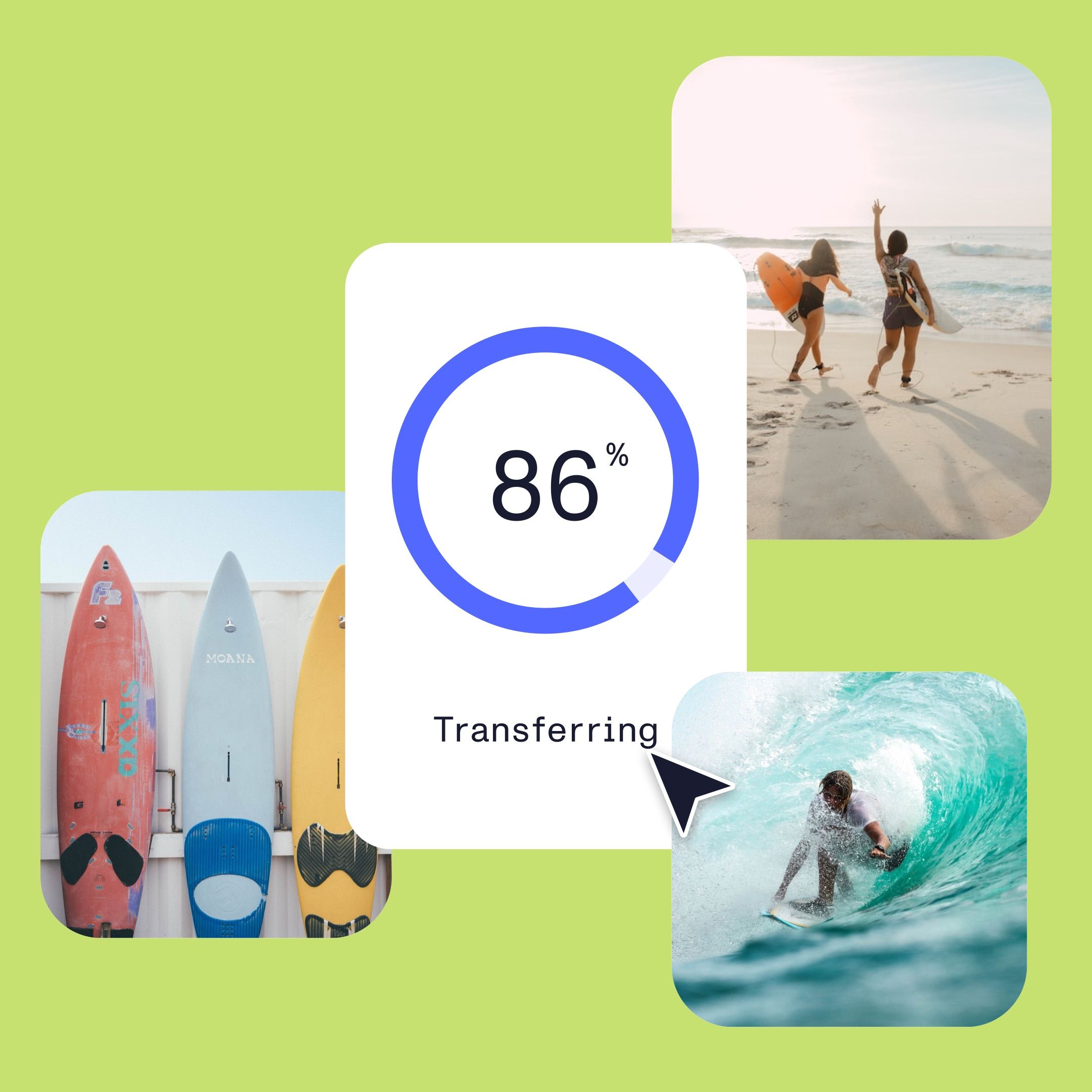 Three images about surfing being uploaded to the service.