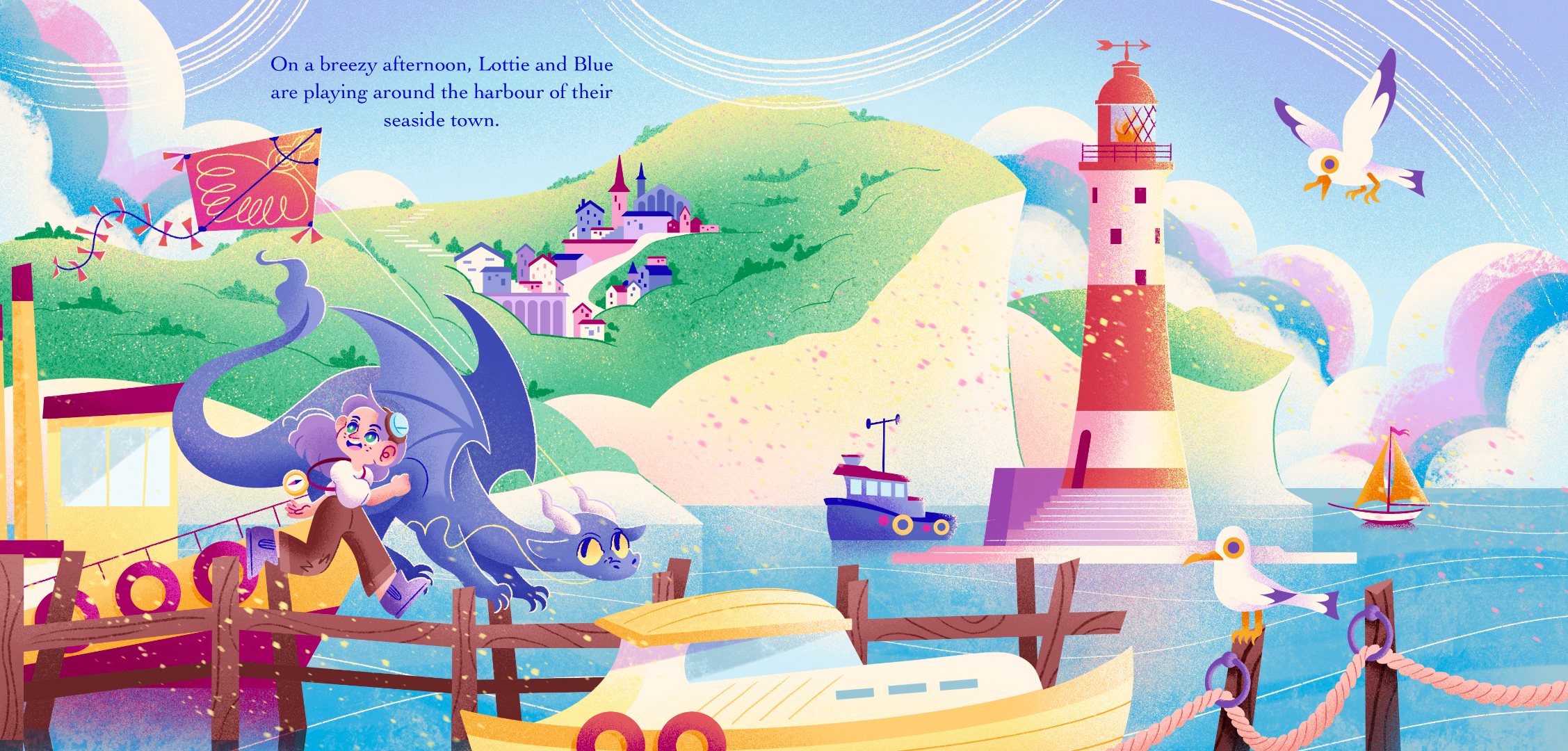 lottie and blue children picture book double spread harbour illustration lightouse cliff