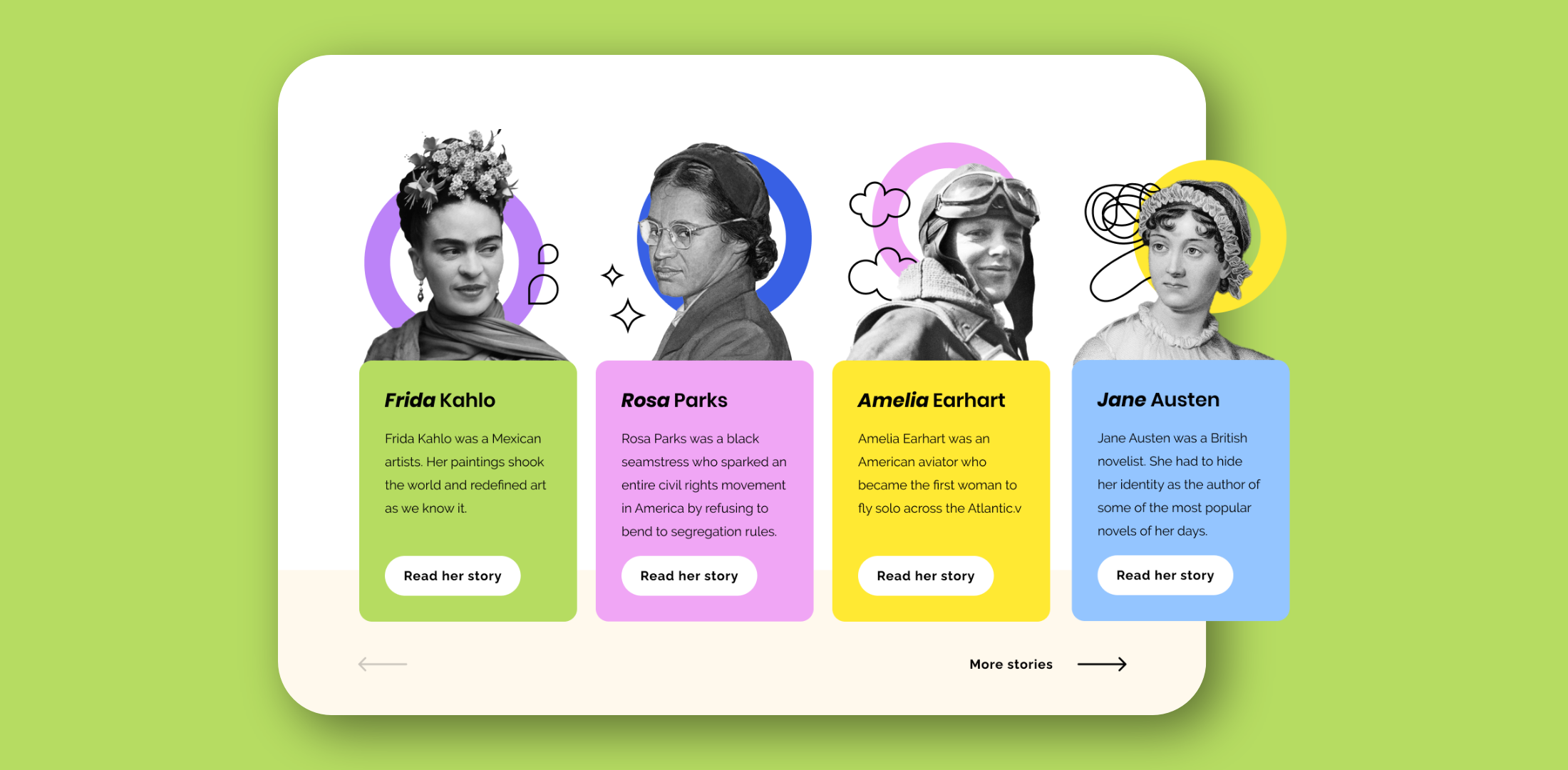 herstory website UI user interface horizontal scrolling