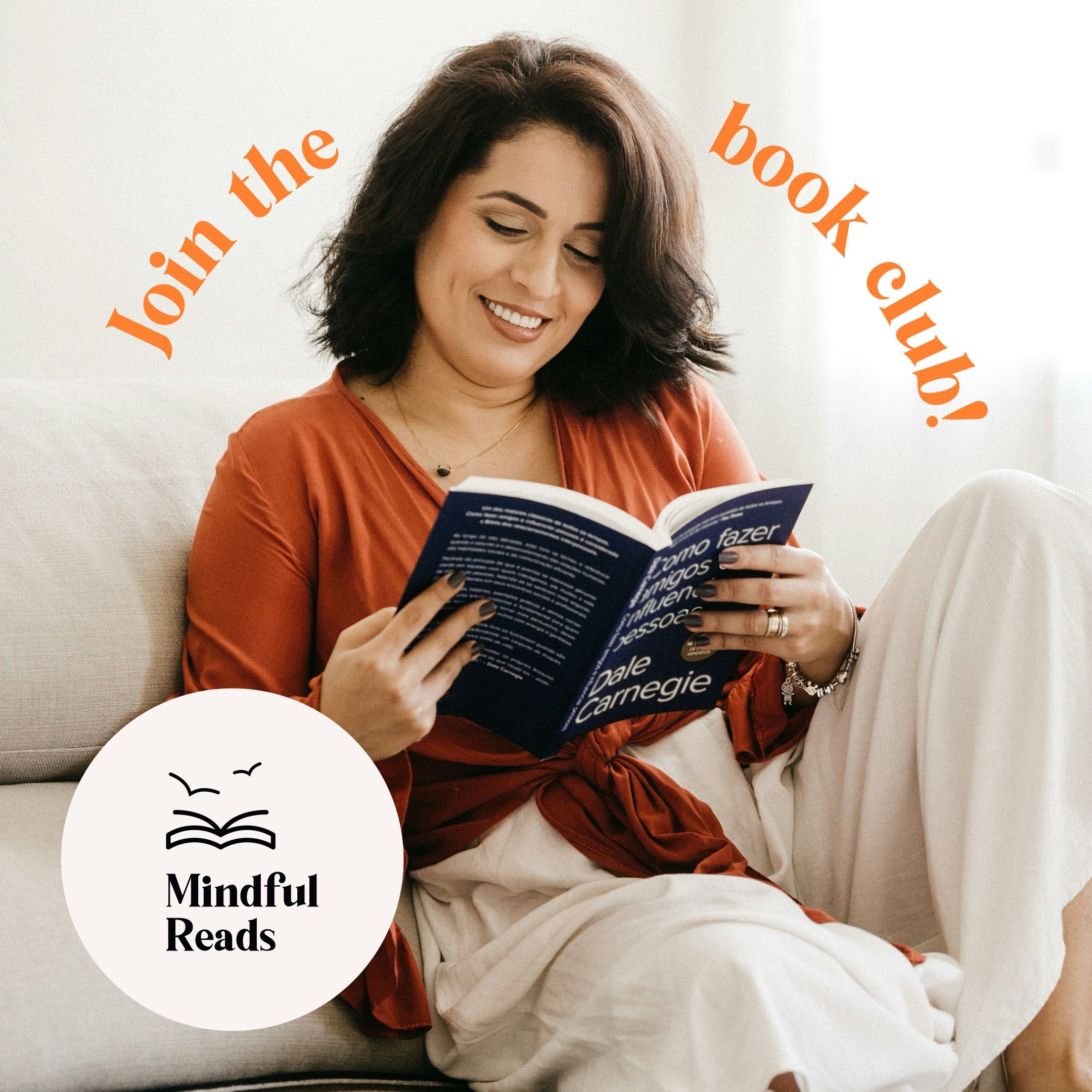 Woman reading a book in a cosy livingroom with the slogan "Join the book club!"