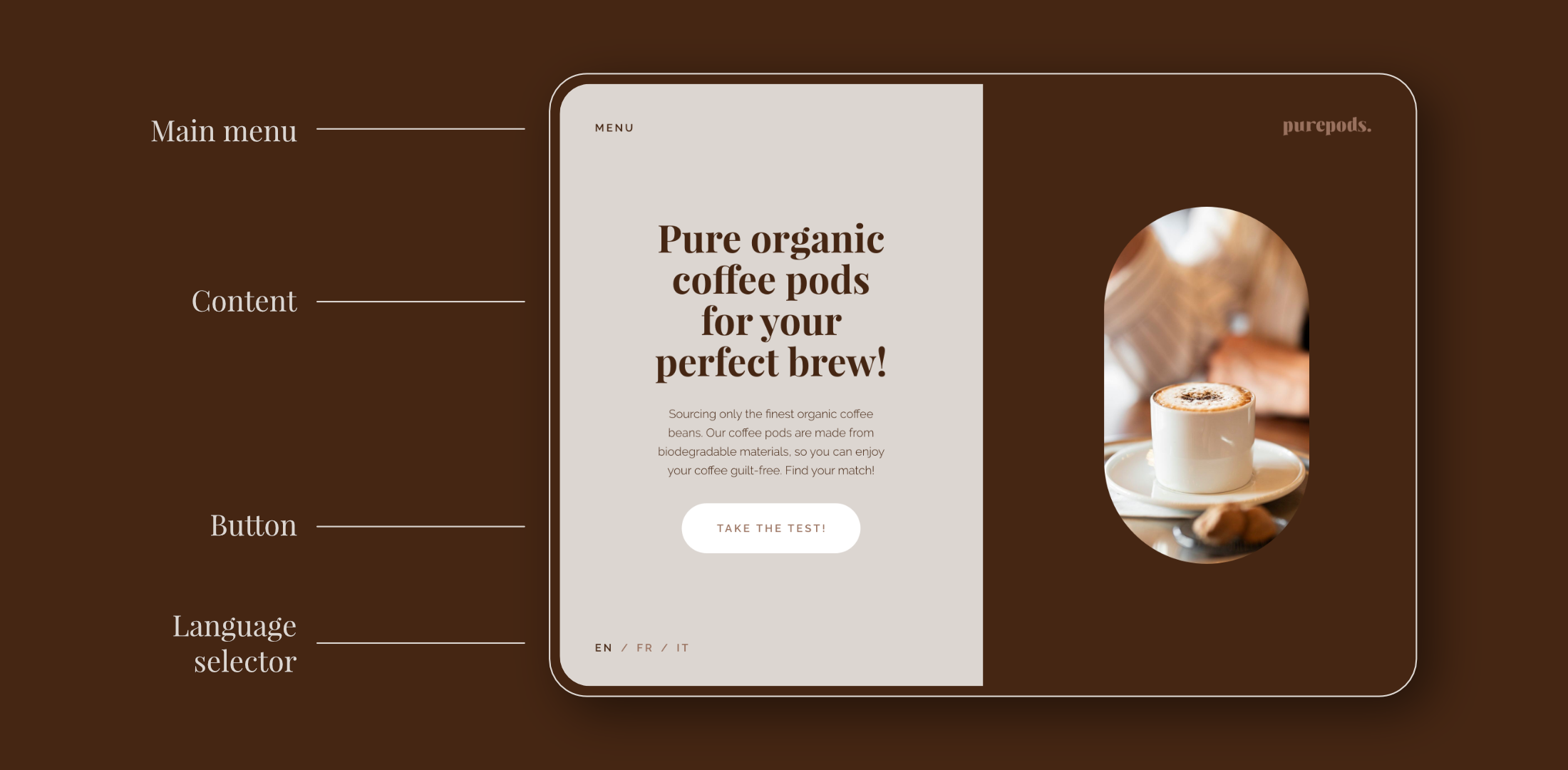 purepods coffee app homescreen user interface breakdown