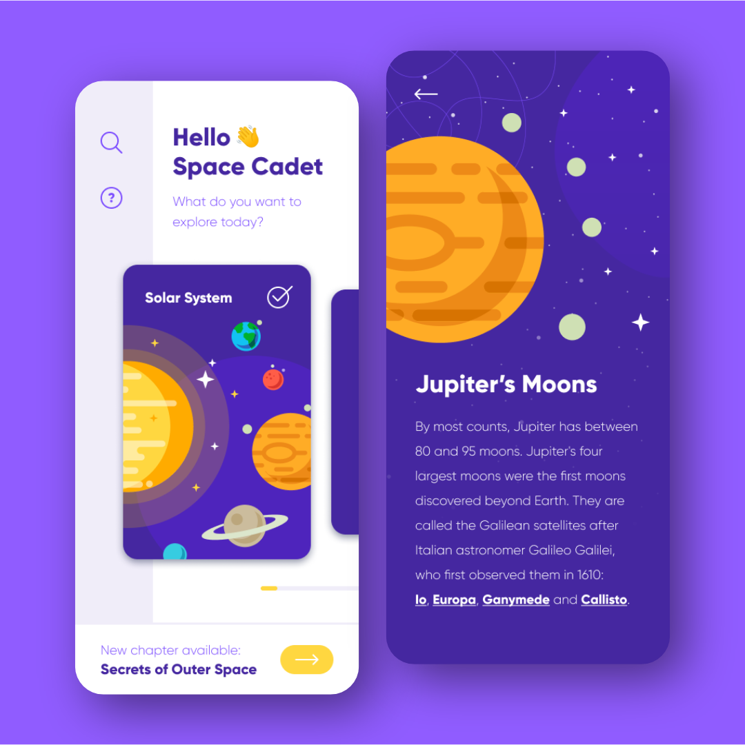 astroacademy mobile app menu screen and jupiters moon section mobile user interface UI