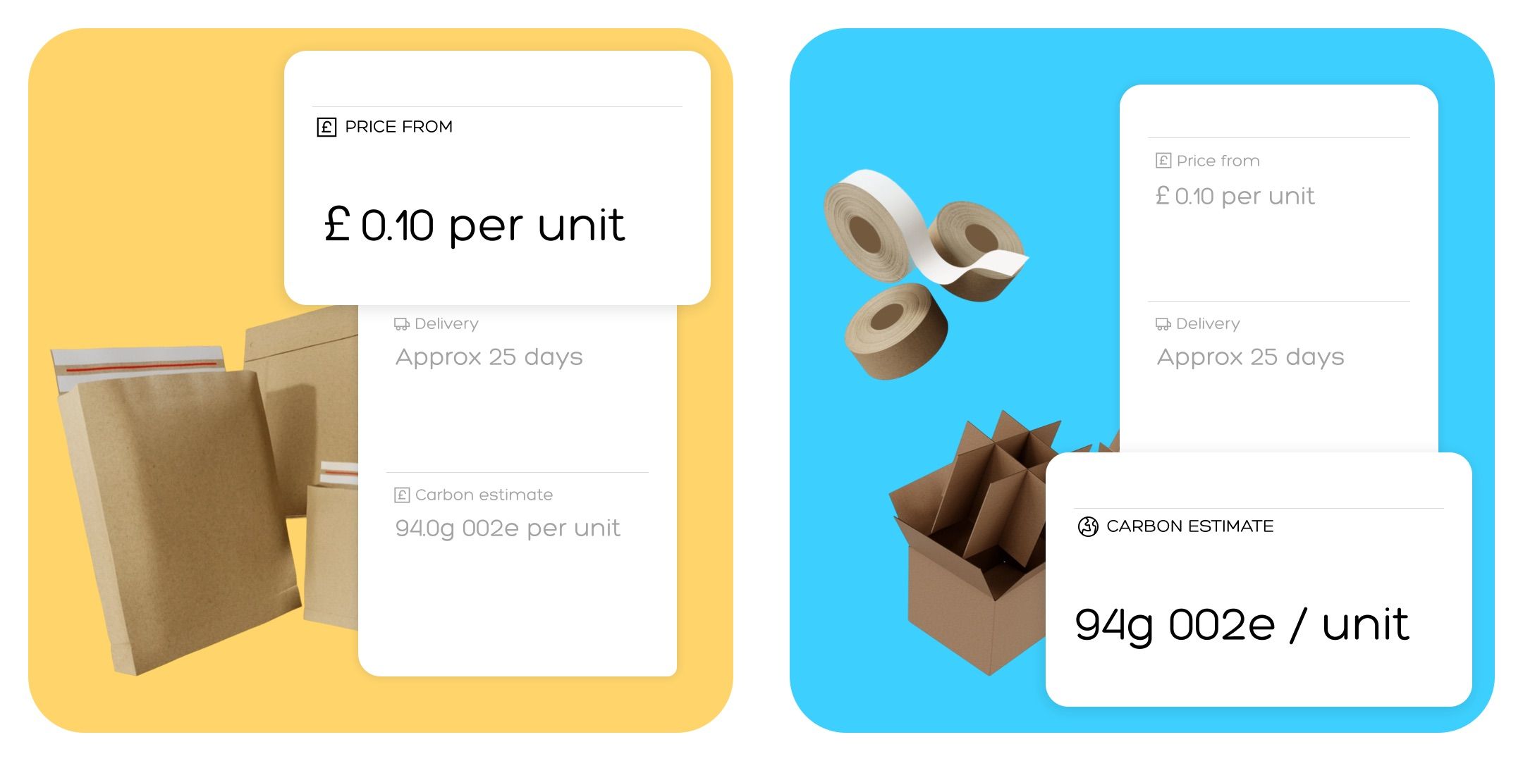 Two sections showing price options for eco-friendly and customisable packaging.