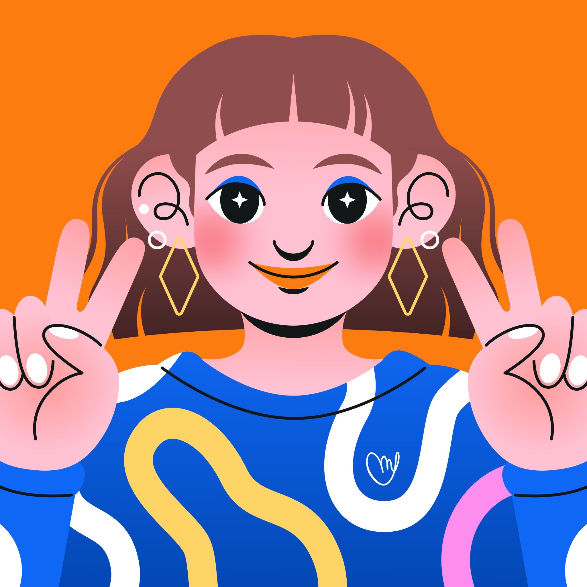 A cheerful character with starry eyes and vibrant clothing flashes a double peace sign against an orange background.