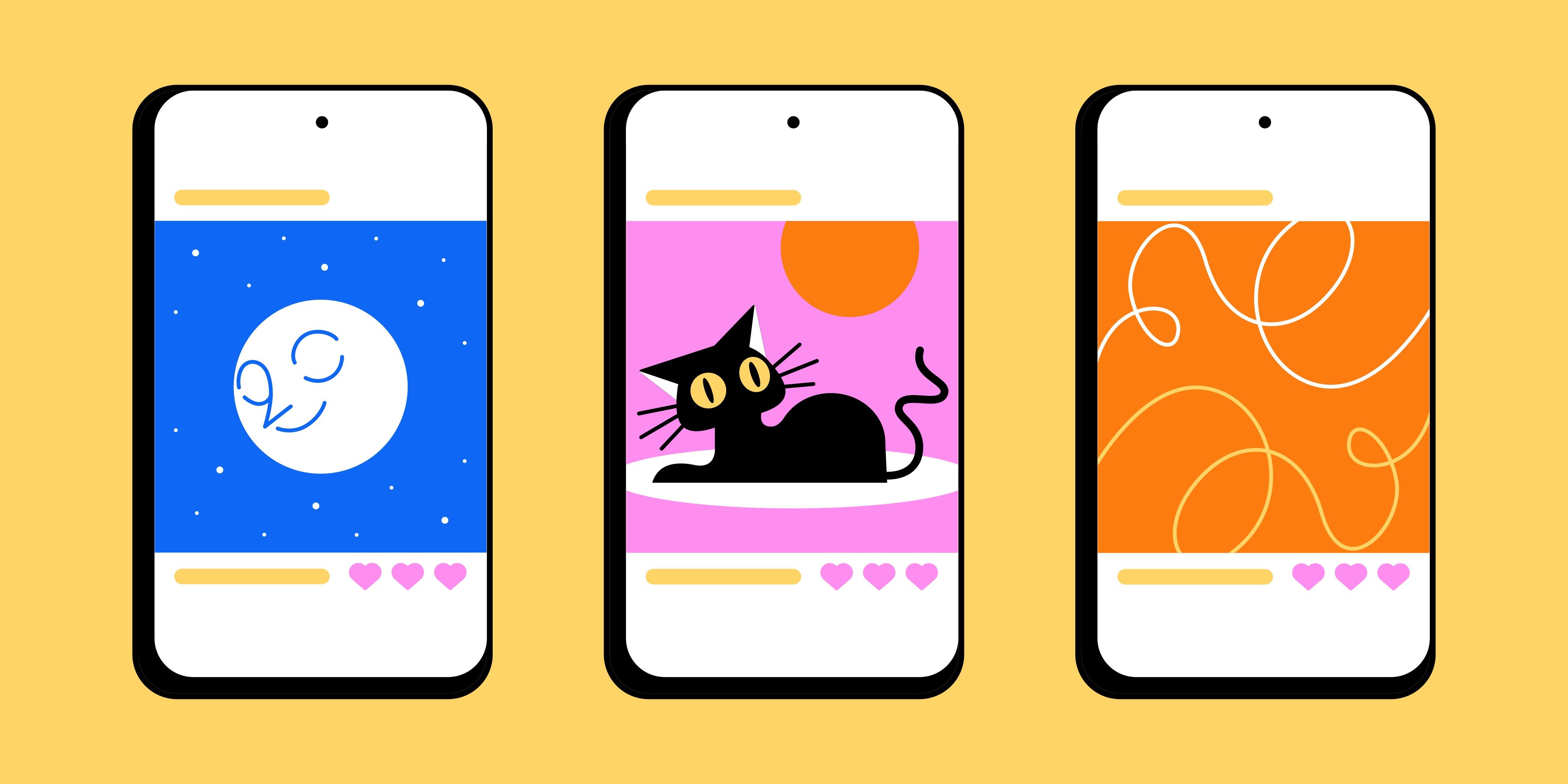 Multiple smartphone displaying colorful social media posts with hearts, against a yellow background with sparkles. One shows a smiling moon against a blue background, one is showing a black cat chilling on a carpet, the last one merges squiggly lines on an orang ebackground.