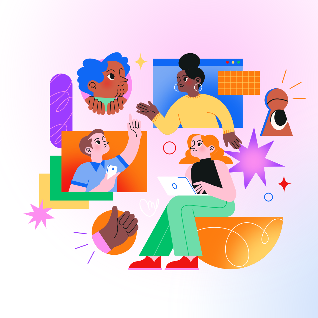 A diverse team of creative people collaborating on new projects remotely, illustrated in a colourful and playful style.