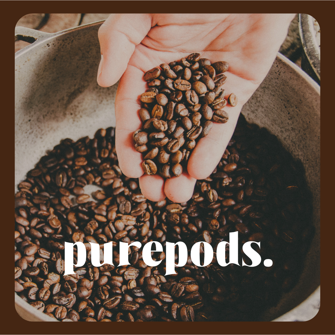 purepods logo on image coffee beans branding