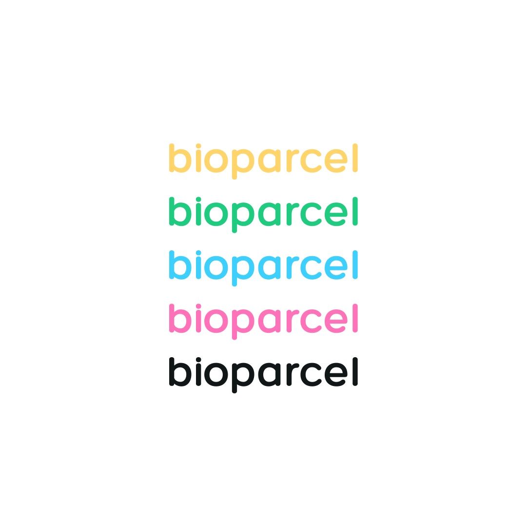 Bioparcel's logo repeated on a white canvas in different colours.