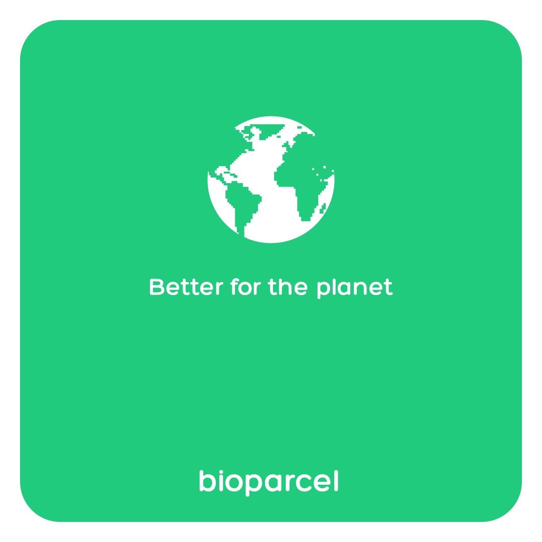 Bioparcel's logo on a green background wiht the image of the globe and the slogan "Better for the planet".