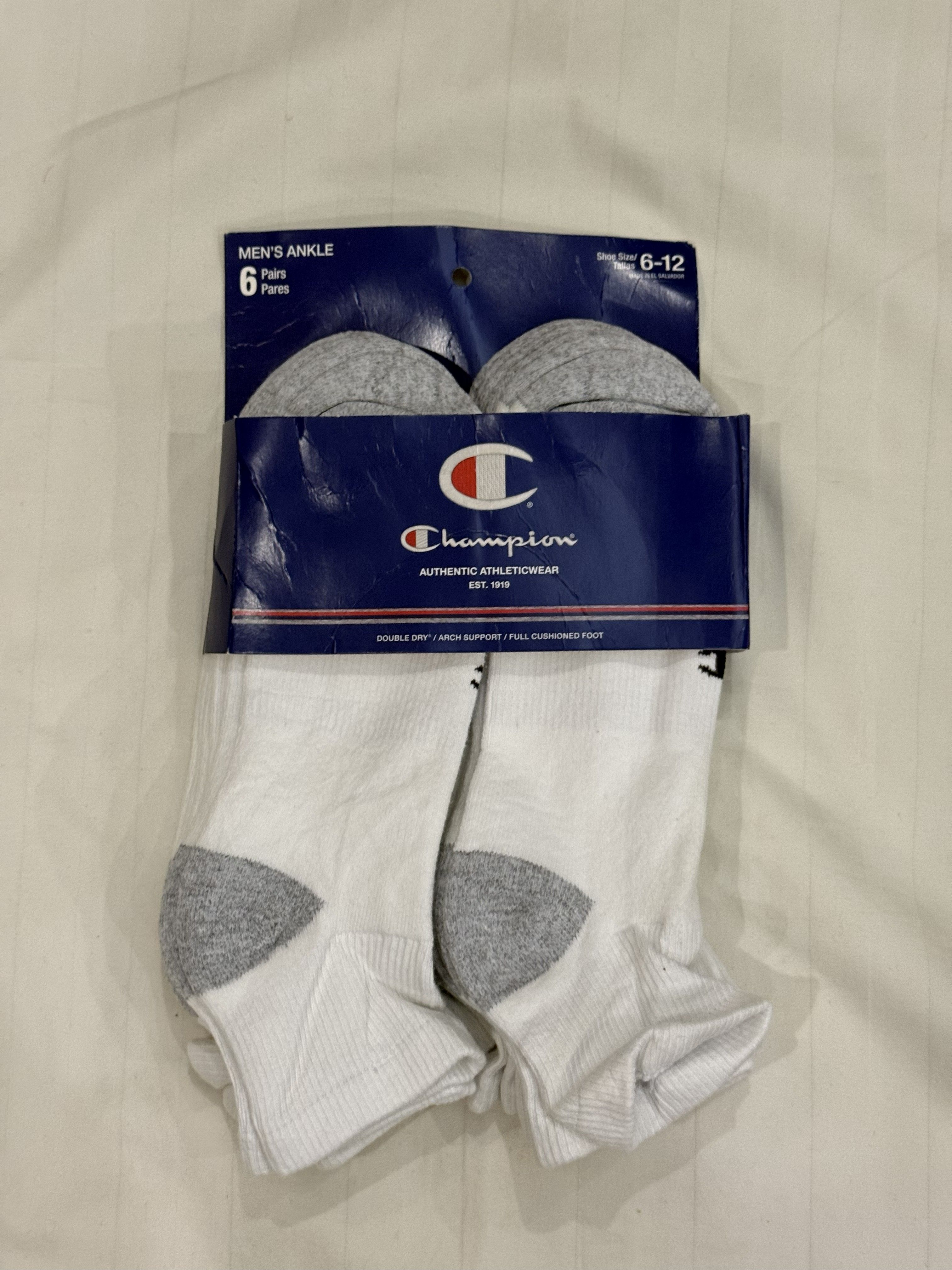 Champion Men’s 6-Pack Double Dry Ankle Socks (White/Gray, Size 6-12)