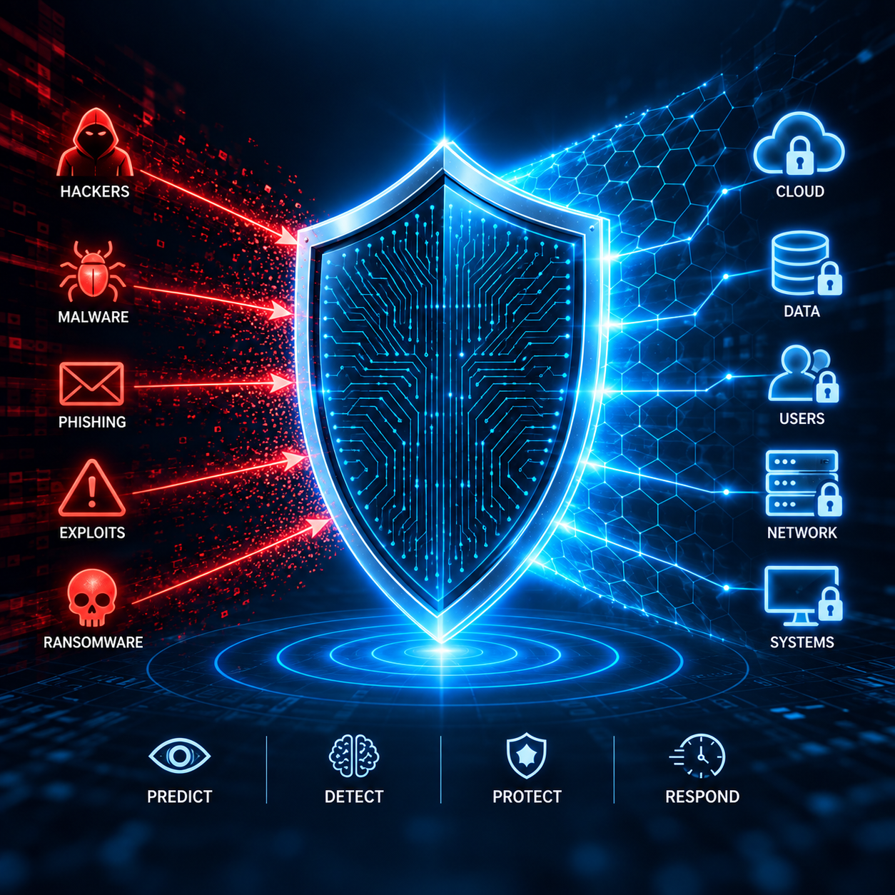 AI-powered predictive cybersecurity concept showing threat detection, protection, and response against emerging cyberattacks.