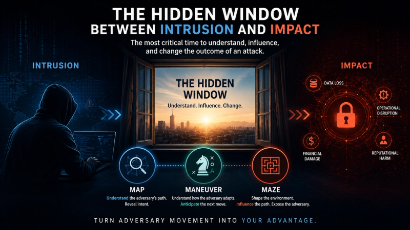 Cybersecurity infographic illustrating the hidden window between intrusion and impact through MirrorMire’s Map, Maneuver, Maze approach.