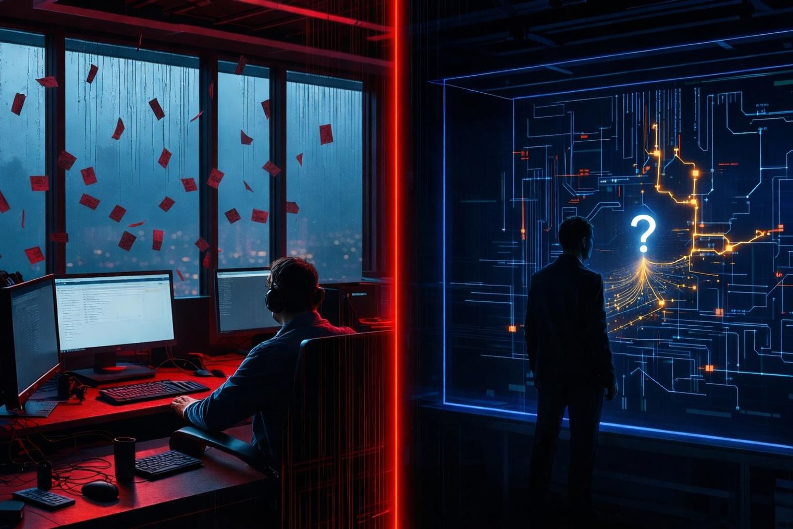 Cybersecurity illustration showing threat blocking and AI-powered analysis of adversary behavior across a digital network.