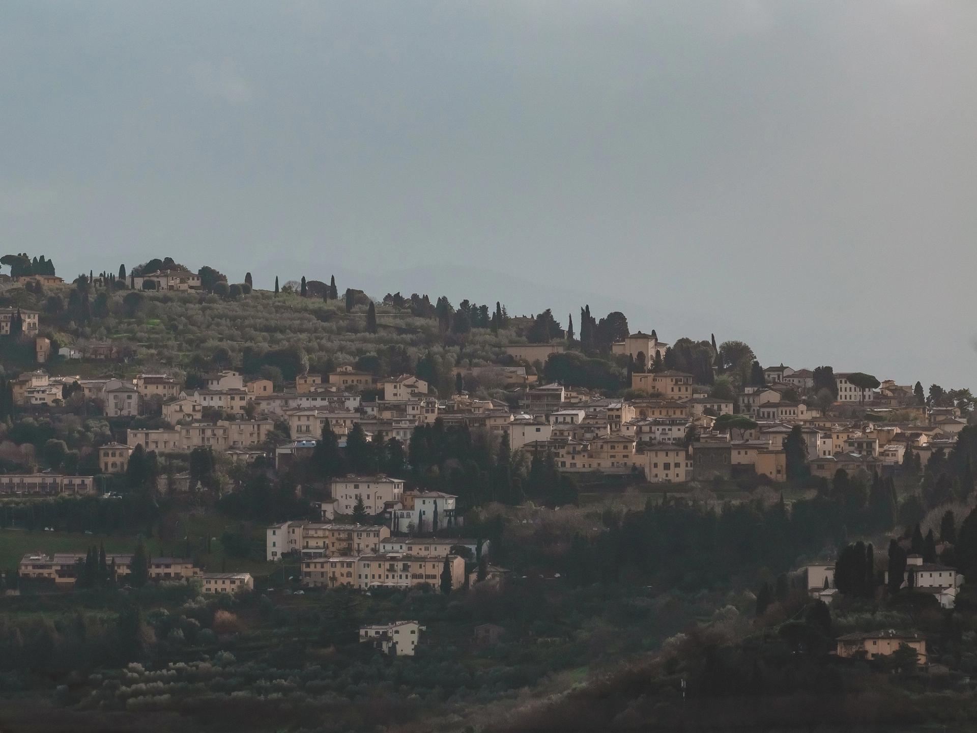 Wide-angle shot of buildings on a hillside