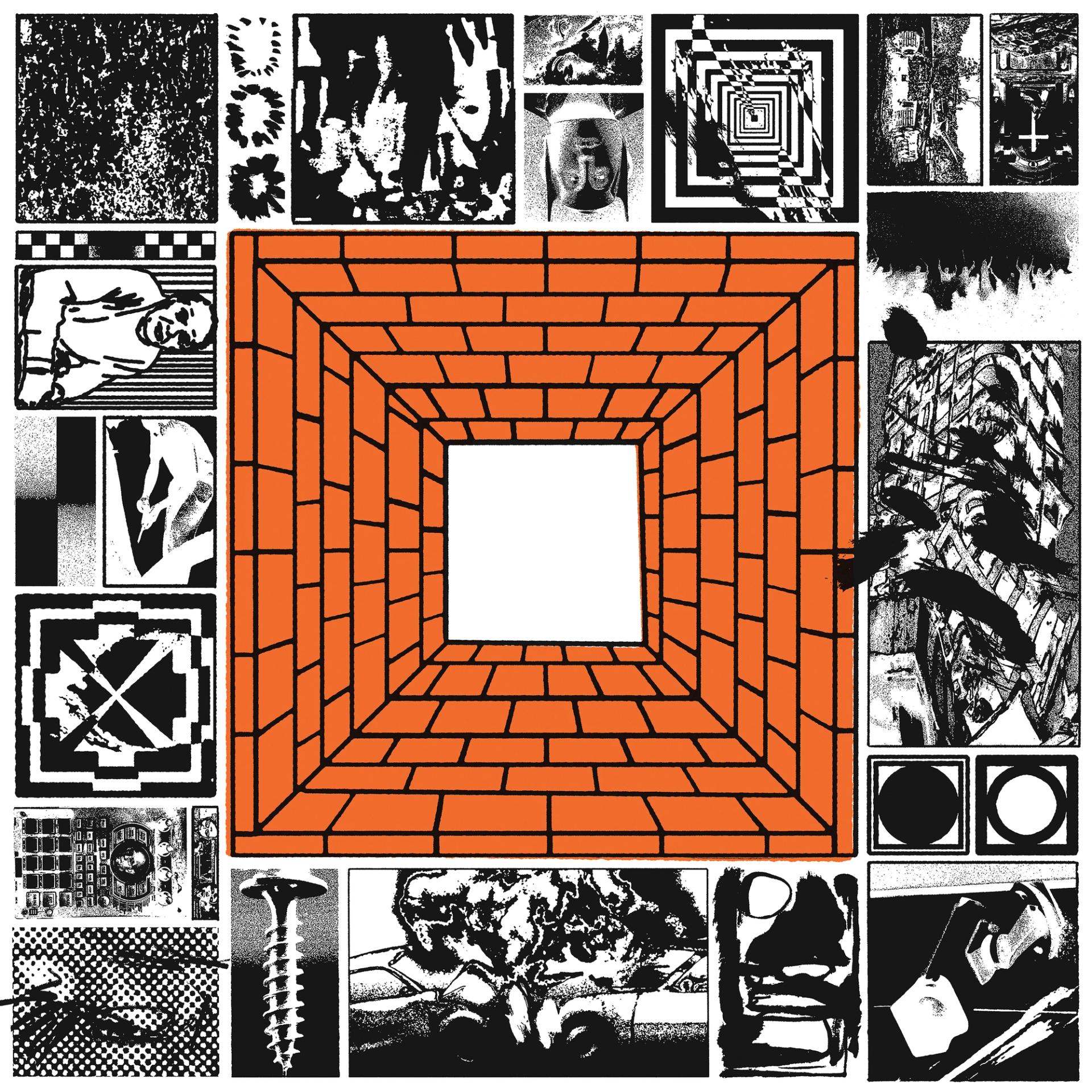 Album cover featuring graphic black and white illustrations surrounding an illustration of an orange brick tunnel at center.