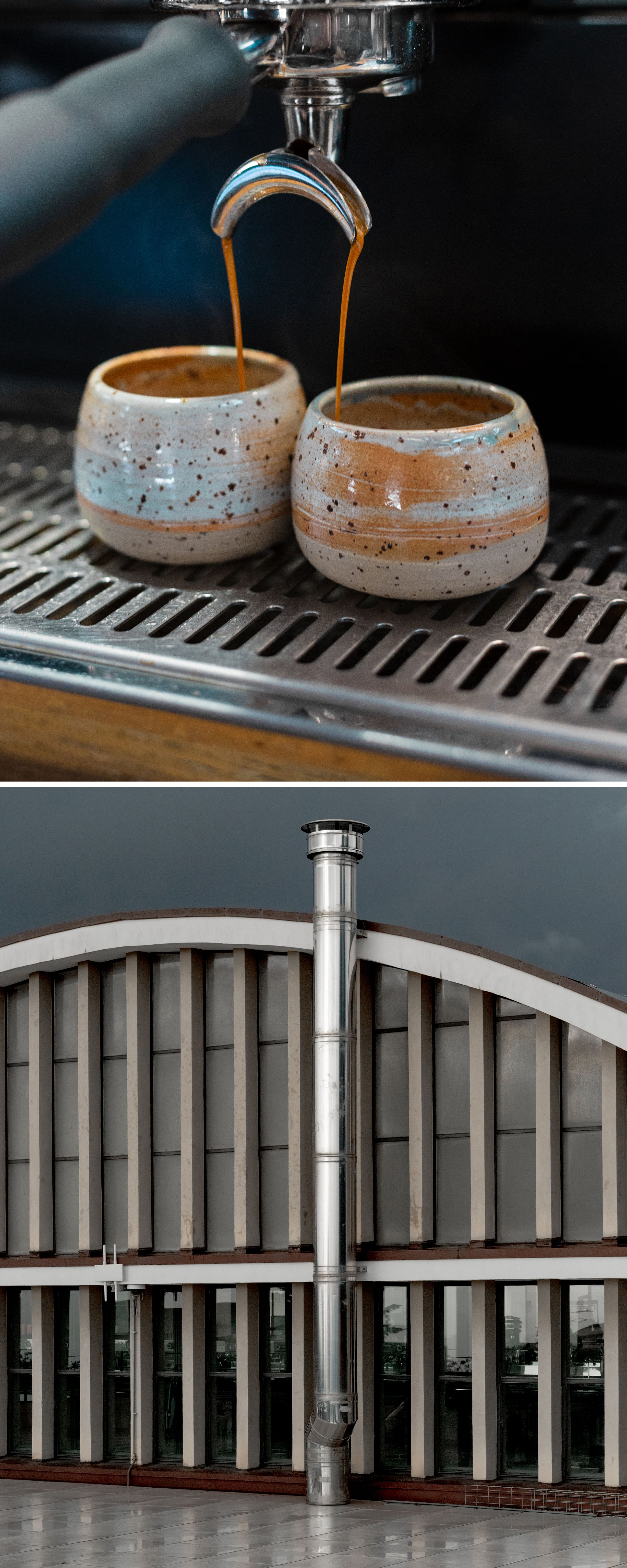 Two photos, one of two cups being filled with coffee from an espresso machine, the other of the curved facade of a building.