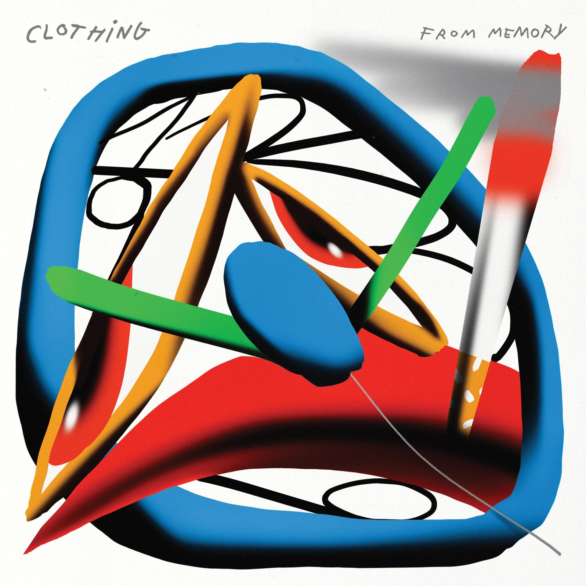 Abstract artwork with bold, overlapping shapes: a blue rounded border encloses layered red, black, green, and orange forms, including a triangular structure and curved lines over a white background. Handwritten text reads “Clothing” in the top left and “From Memory” in the top right.