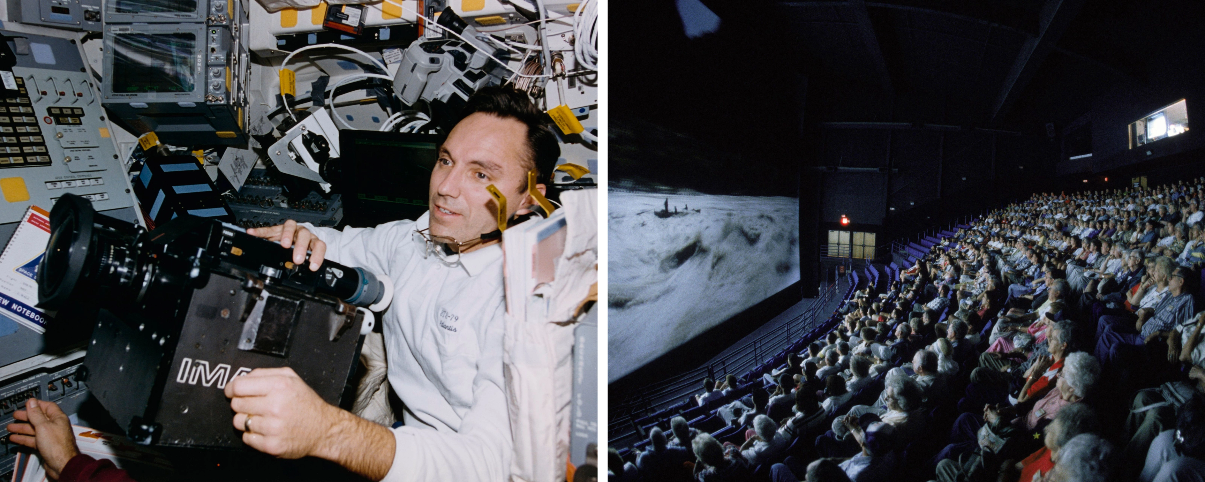 A NASA photograph of an astronaut holding an IMAX camera aboard a space shuttle, surrounded by instrument panels and equipment; A packed cinema audience watches a large screen showing a black and white arctic or ocean scene, photographed from the upper side of the auditorium