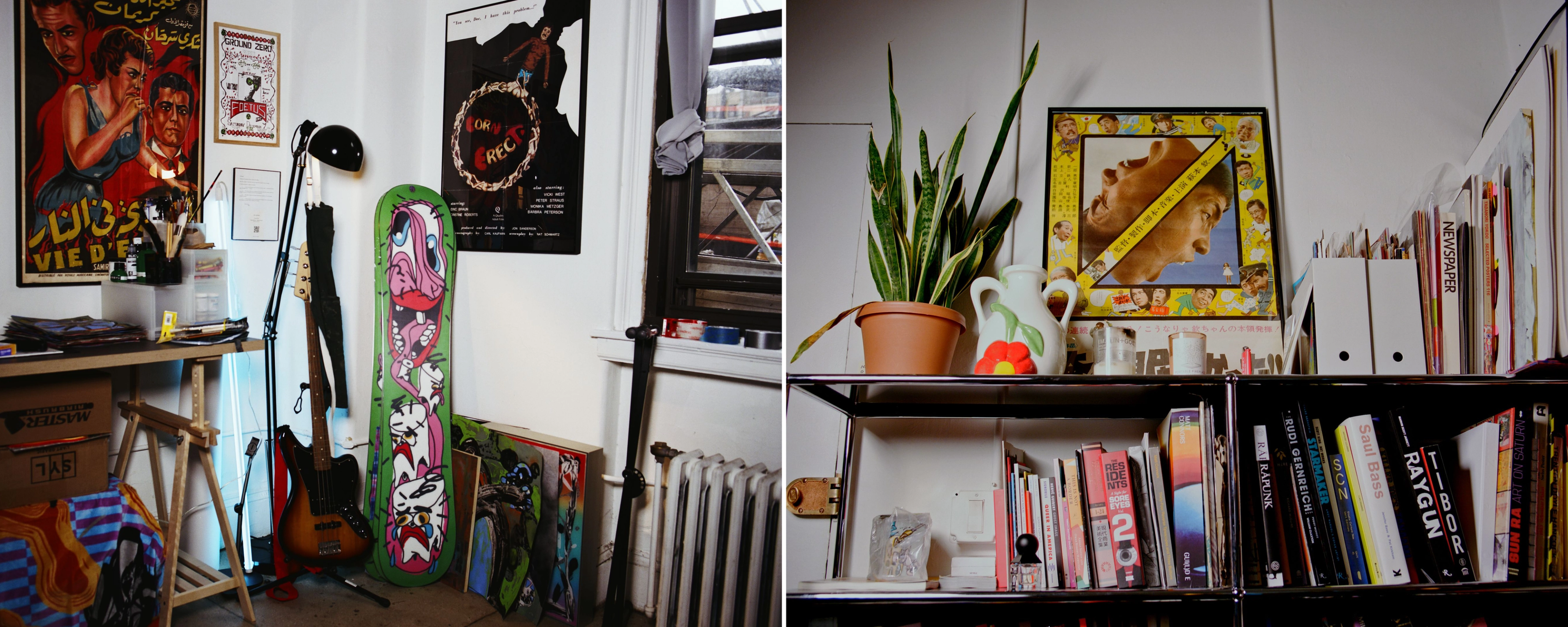 Two photos, one of an eclectic room with movie posters, a guitar, and a lamp, and the second of a bookshelf, potted plant and framed artwork.