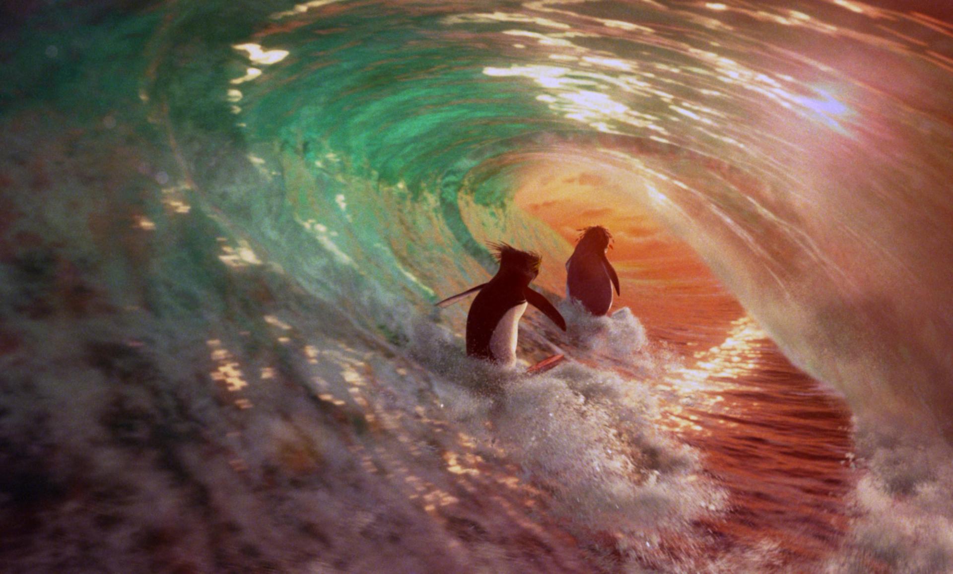 Digitally illustrated image of two penguins surfing inside a glowing wave barrel, its green inner face giving way to an orange-tinted horizon at the end of the tube.