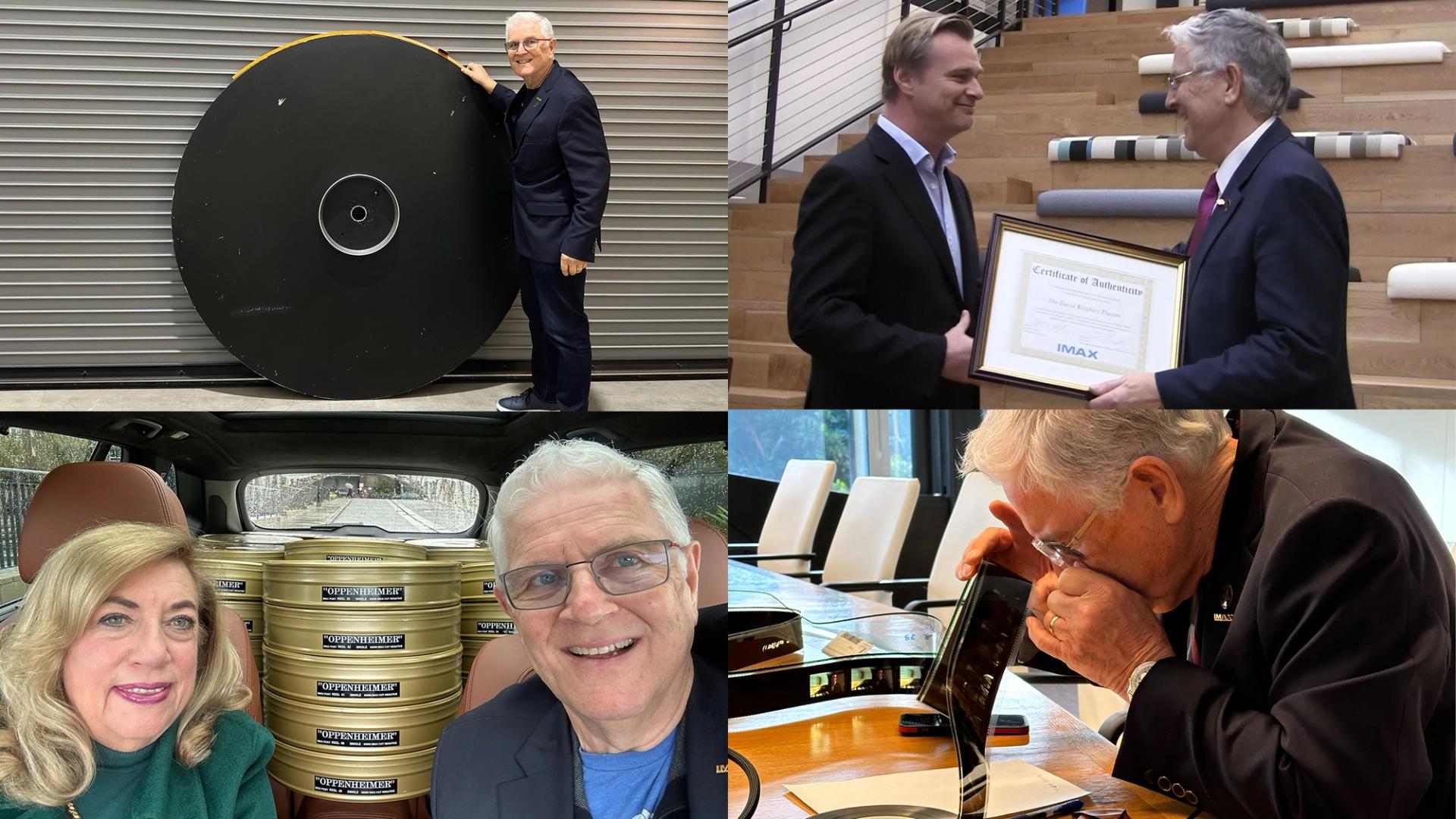 Clockwise from top left: A man stands next to and rests his hand on a large wheel-shaped object; two men face each other, with one holding a framed certificate with the words "Certificate of Authenticity" and "IMAX" visible; a man seated at a conference table looks closely at a strop of film through a magnifying device; a selfie of a man and a woman in a car with stacks of gold canisters reading "Oppenheimer" visible in the backseat