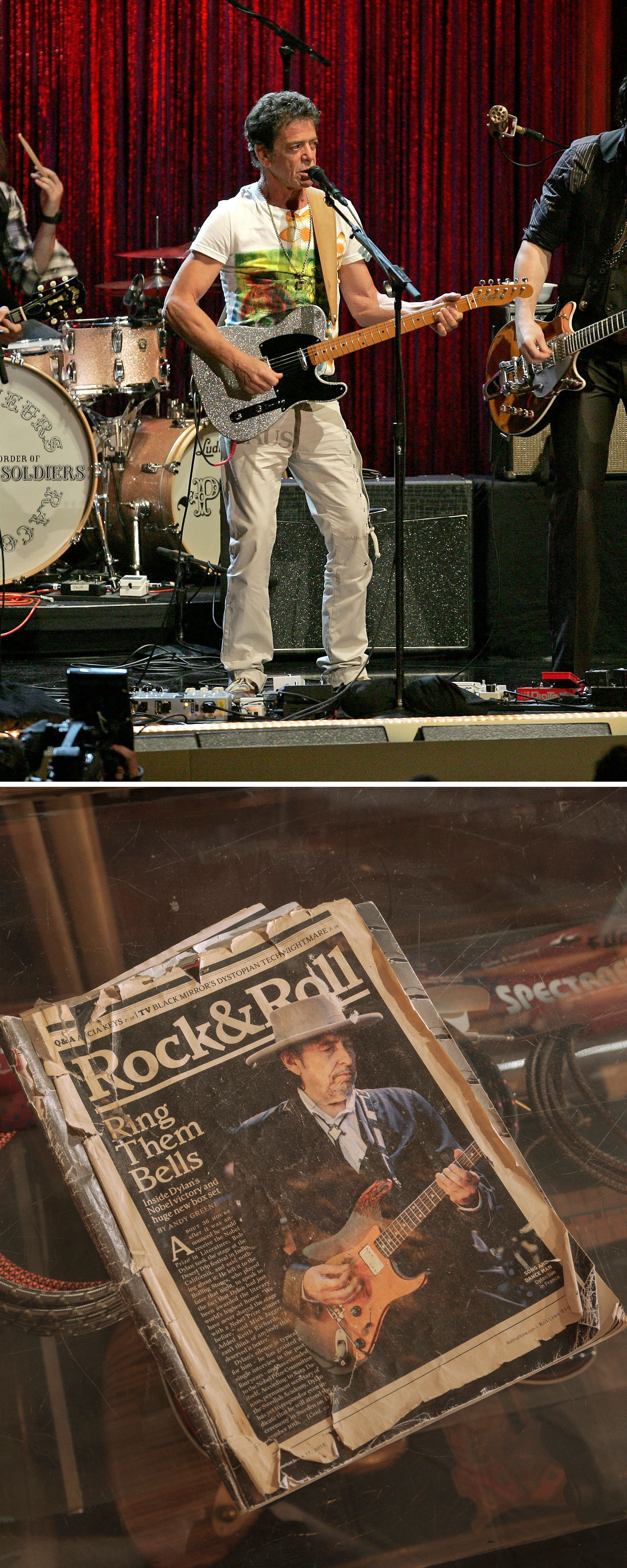 Diptych pairing live guitar performance with vintage music magazine memorabilia and rock ephemera.