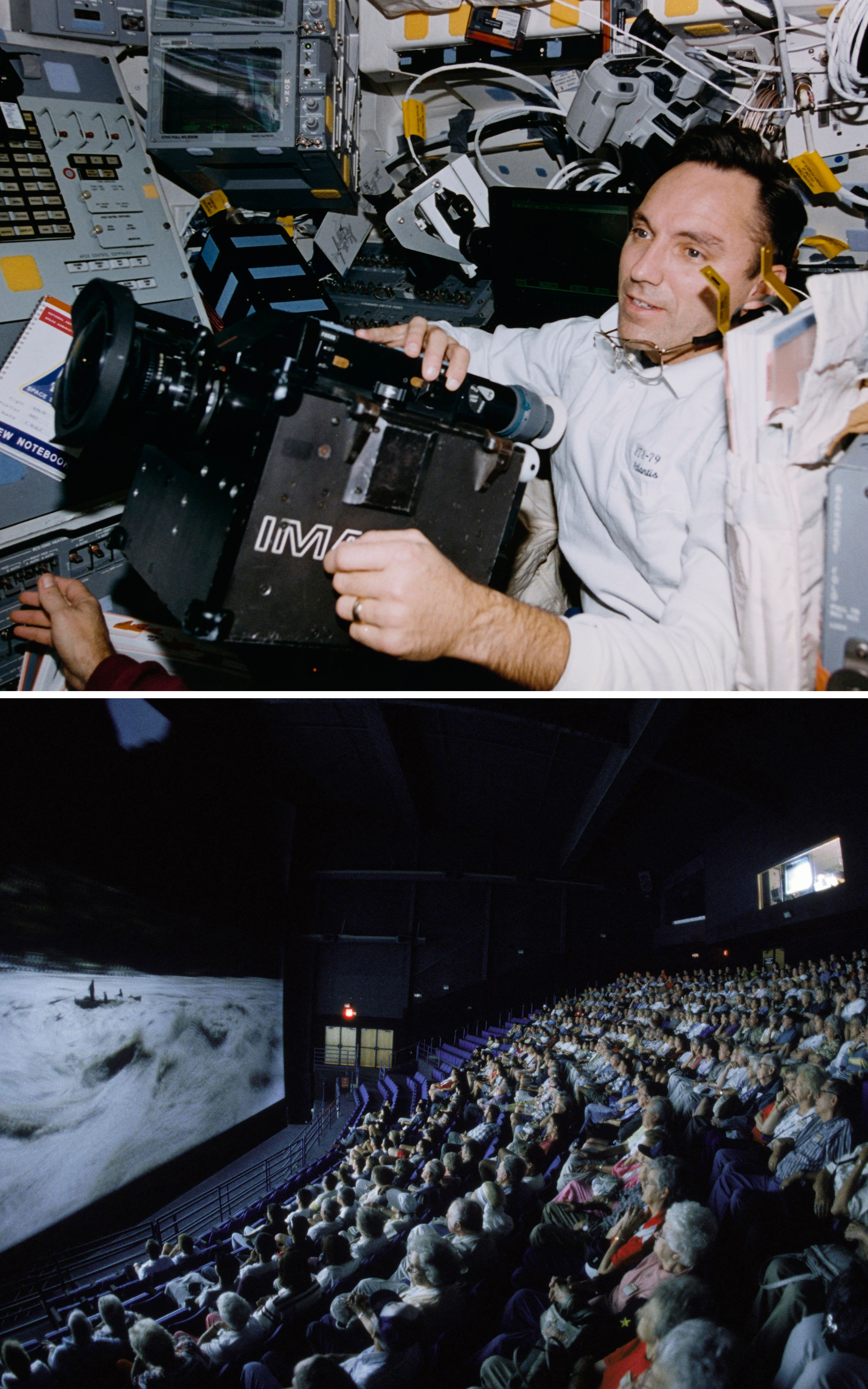 A NASA photograph of an astronaut holding an IMAX camera aboard a space shuttle, surrounded by instrument panels and equipment; A packed cinema audience watches a large screen showing a black and white arctic or ocean scene, photographed from the upper side of the auditorium