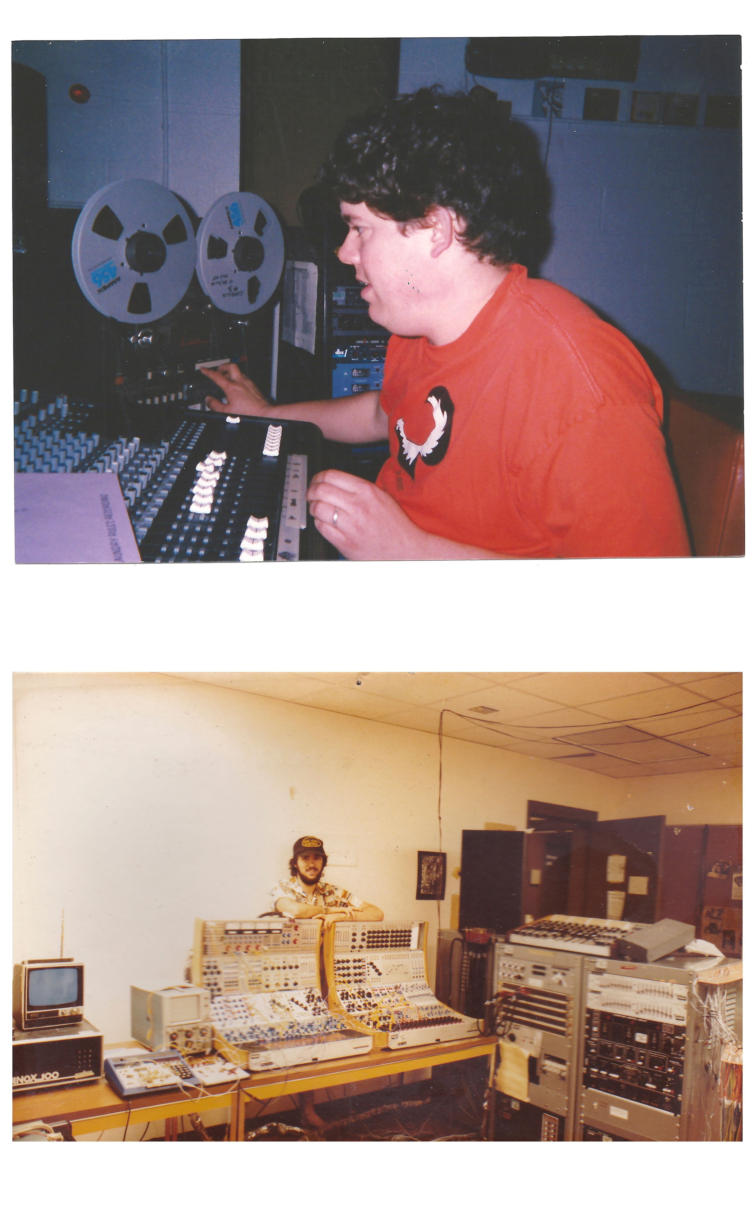 vintage photograph of a man in a red T-shirt working at a mixing console in a recording studio, with two reel-to-reel tape machines visible behind him; A vintage photograph of a bearded man in a cap leaning over a large modular synthesizer system, surrounded by additional electronic music equipment and an early computer monitor