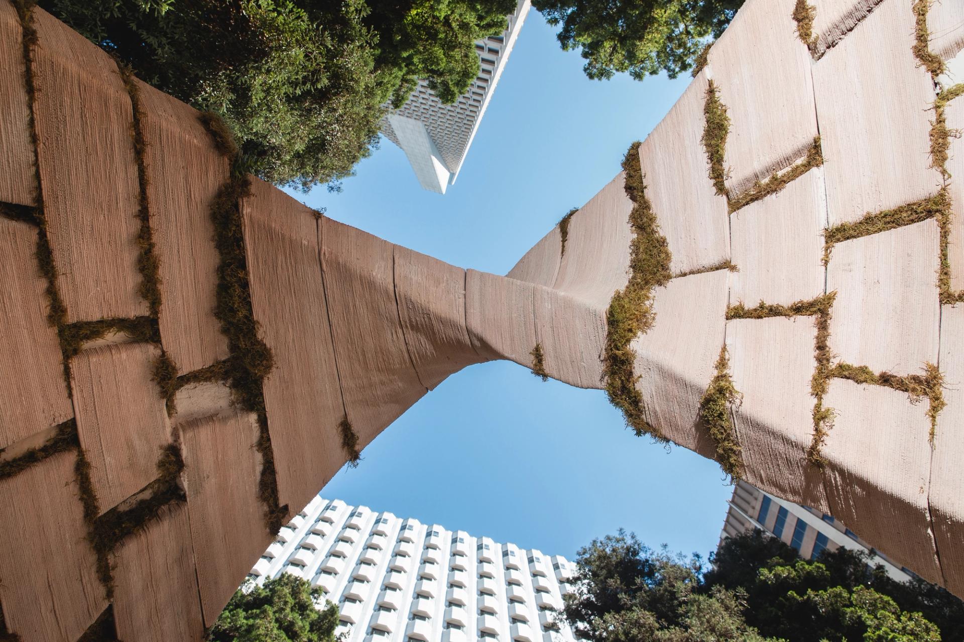  An upward view from inside the arch structure, looking through its moss-lined opening toward a blue sky, trees, and city buildings beyond