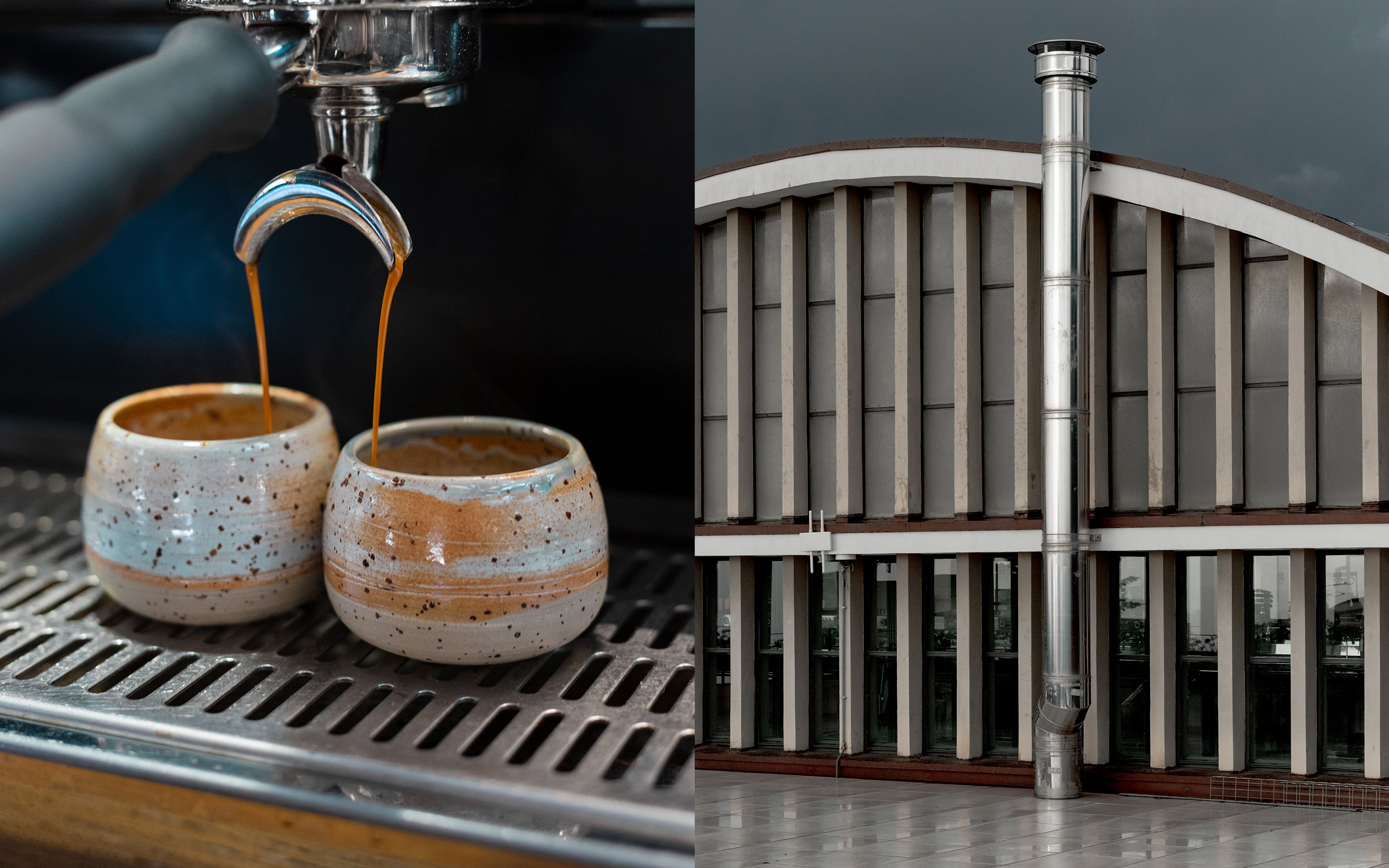 Two photos, one of two cups being filled with coffee from an espresso machine, the other of the curved facade of a building.