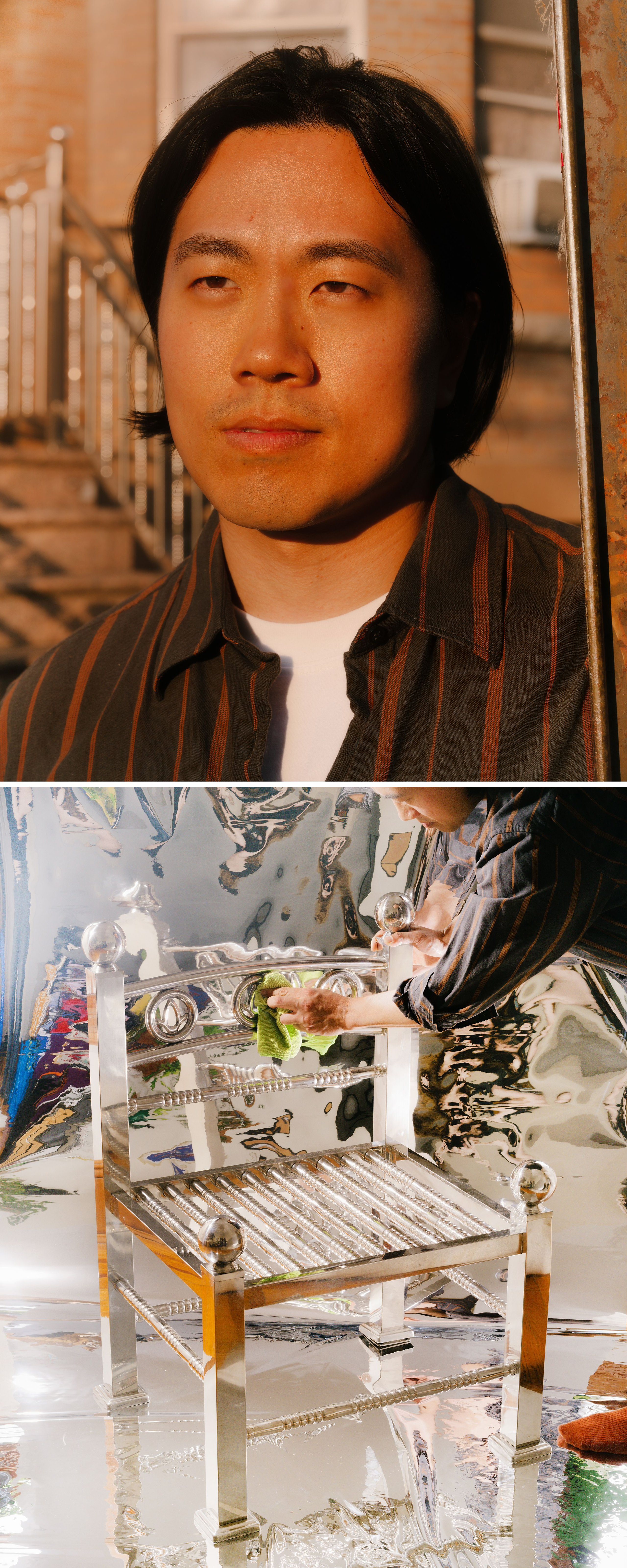 Close-up of designer Han Seungmin gazing off-camera in front of a stainless steel fence; Han Seungmin polishes finials on a White Picket Chair indoors..