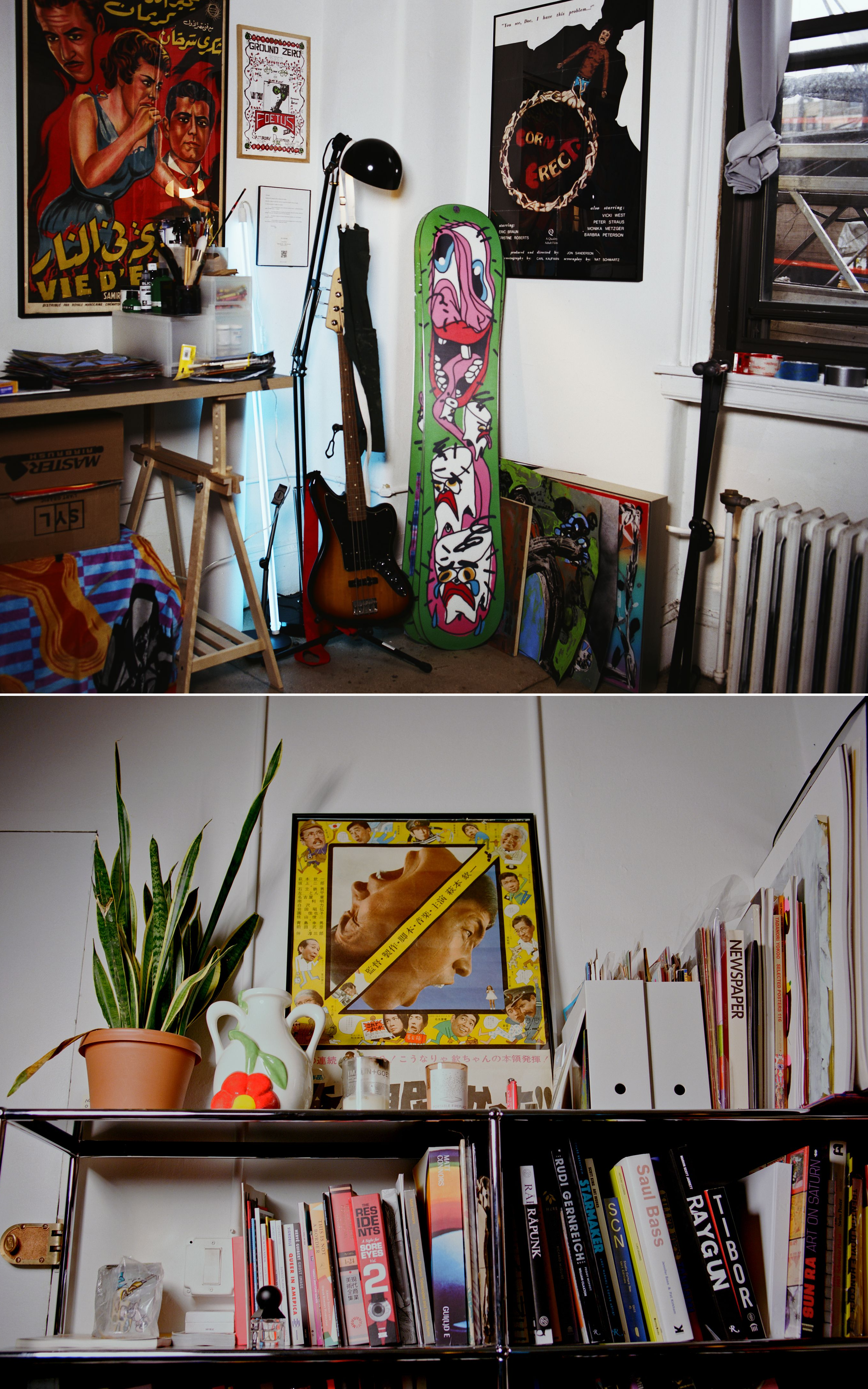 Two photos, one of an eclectic room with movie posters, a guitar, and a lamp, and the second of a bookshelf, potted plant and framed artwork.