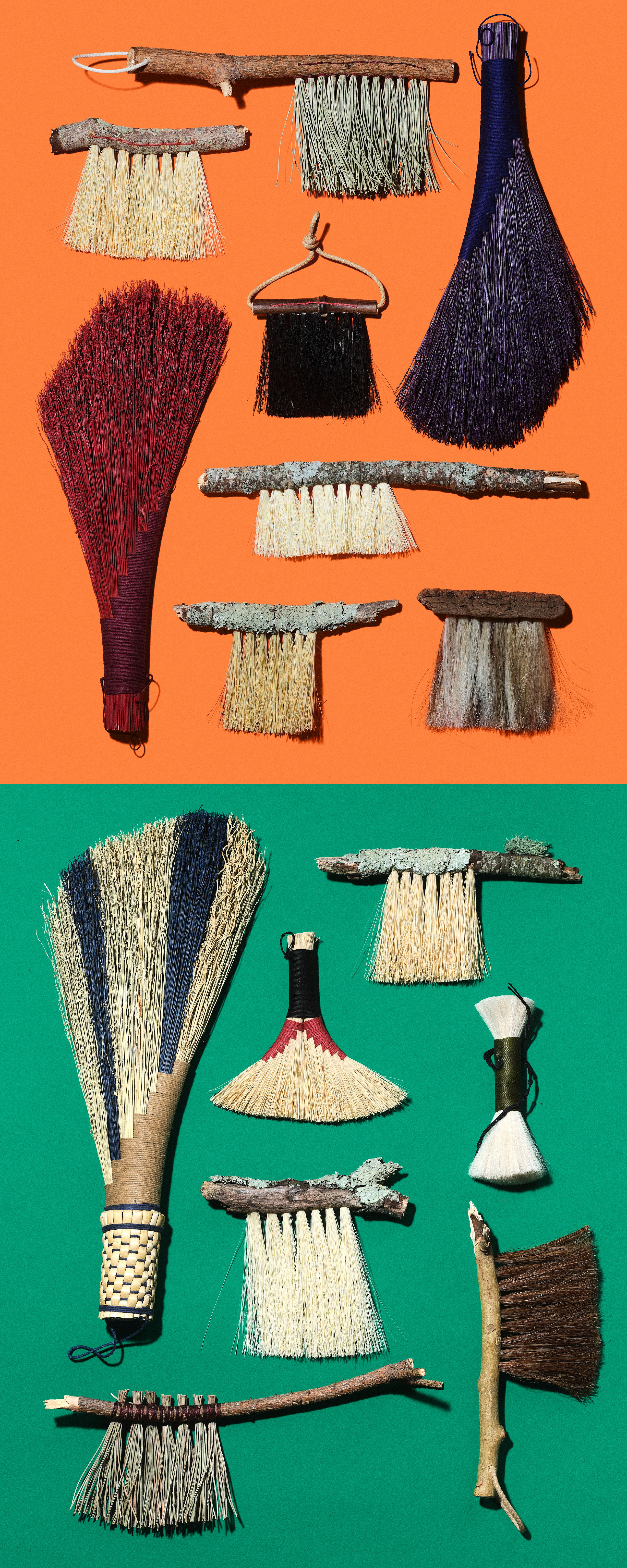Handmade brooms and brushes with natural straw, red, blue, and black bristles bound to branch handles, arranged against orange and green backdrops.