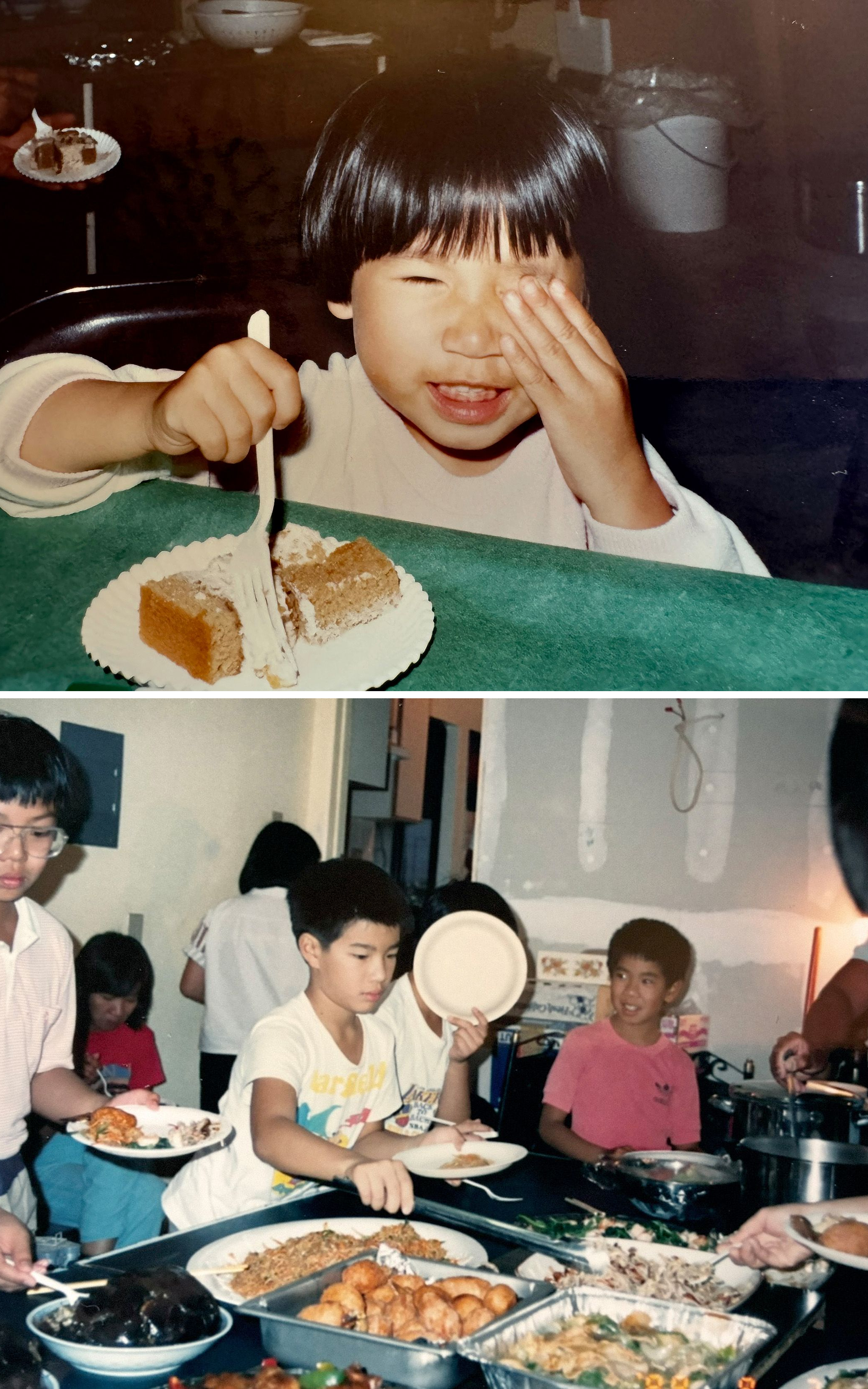 A young child with a bowl haircut laughing and covering one eye with their hand, sitting at a green table with a fork in a slice of frosted cake; Several children serving themselves from a buffet table crowded with trays of fried rice, fried dumplings, and other dishes, one boy holding up an empty plate.