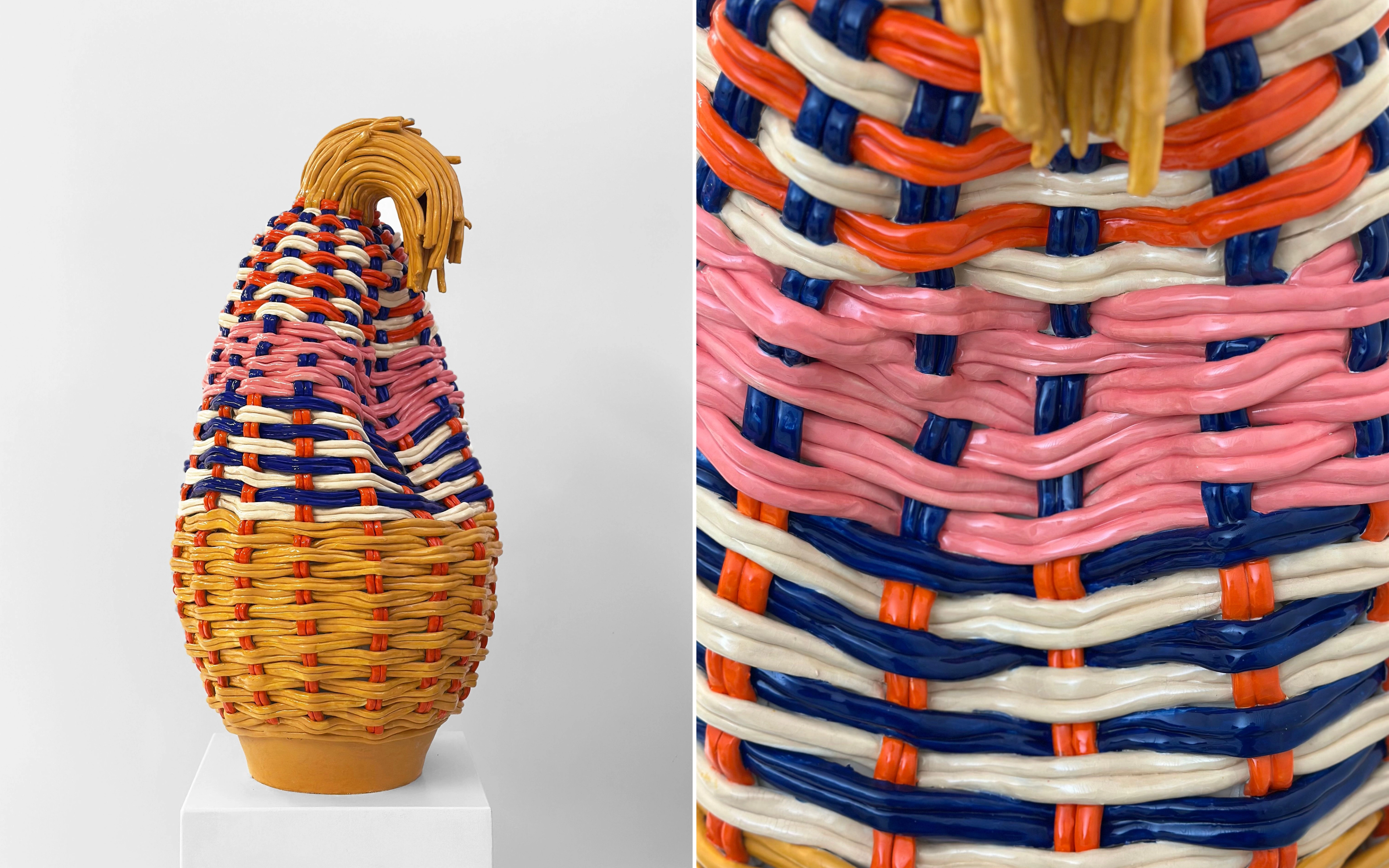 A yellow, orange, blue, white, and pink ceramic vessel with a woven texture sits on a white pedestal in front of a white background.; Close-up image showing the woven texture of the vessel.