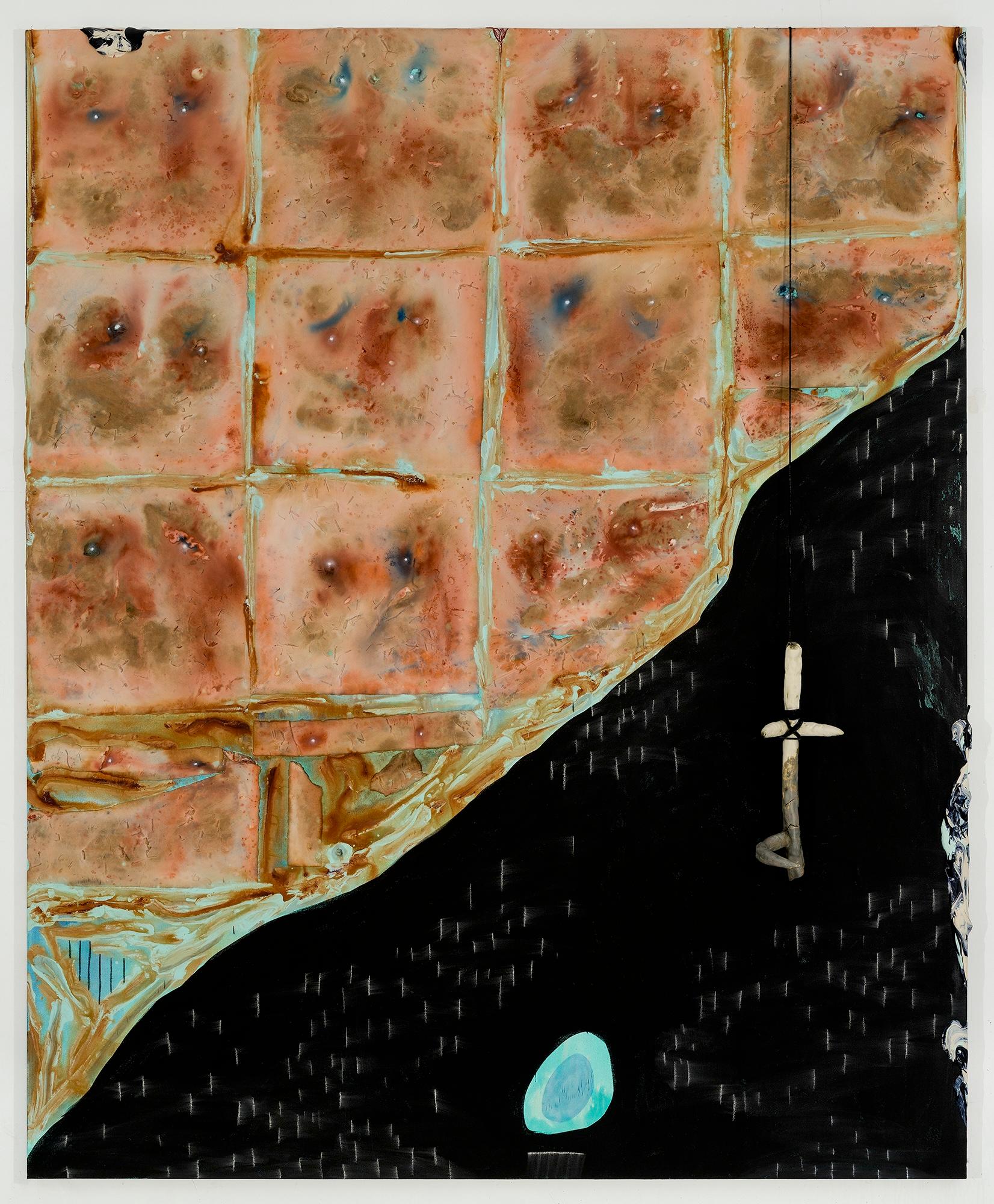 Abstract painting with a grid of beige-toned squares above a sweeping black field, punctuated by a suspended cross-like form and glowing blue oval.