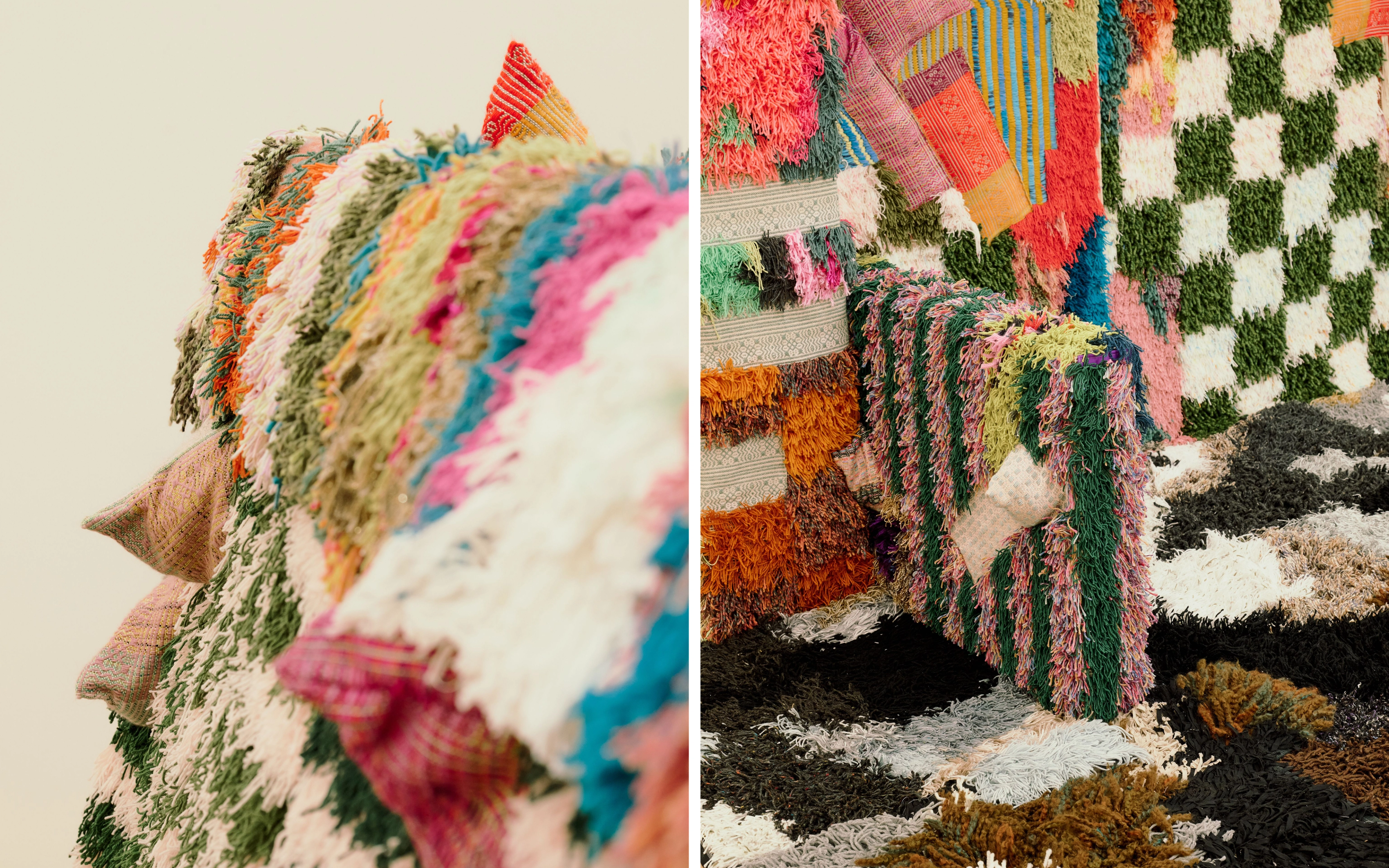 Close-up color photo of a textile artwork, showing dense bands of shaggy, multicolored yarn tufts in green, orange, pink, blue, and cream, with a few patterned woven fabric triangles projecting from the surface; Close-up of a textile installation, showing a shaggy multicolored fringe cascading over a striped and patchwork column, beside a green-and-white checkered panel and black-and-white patterned rugs on the floor