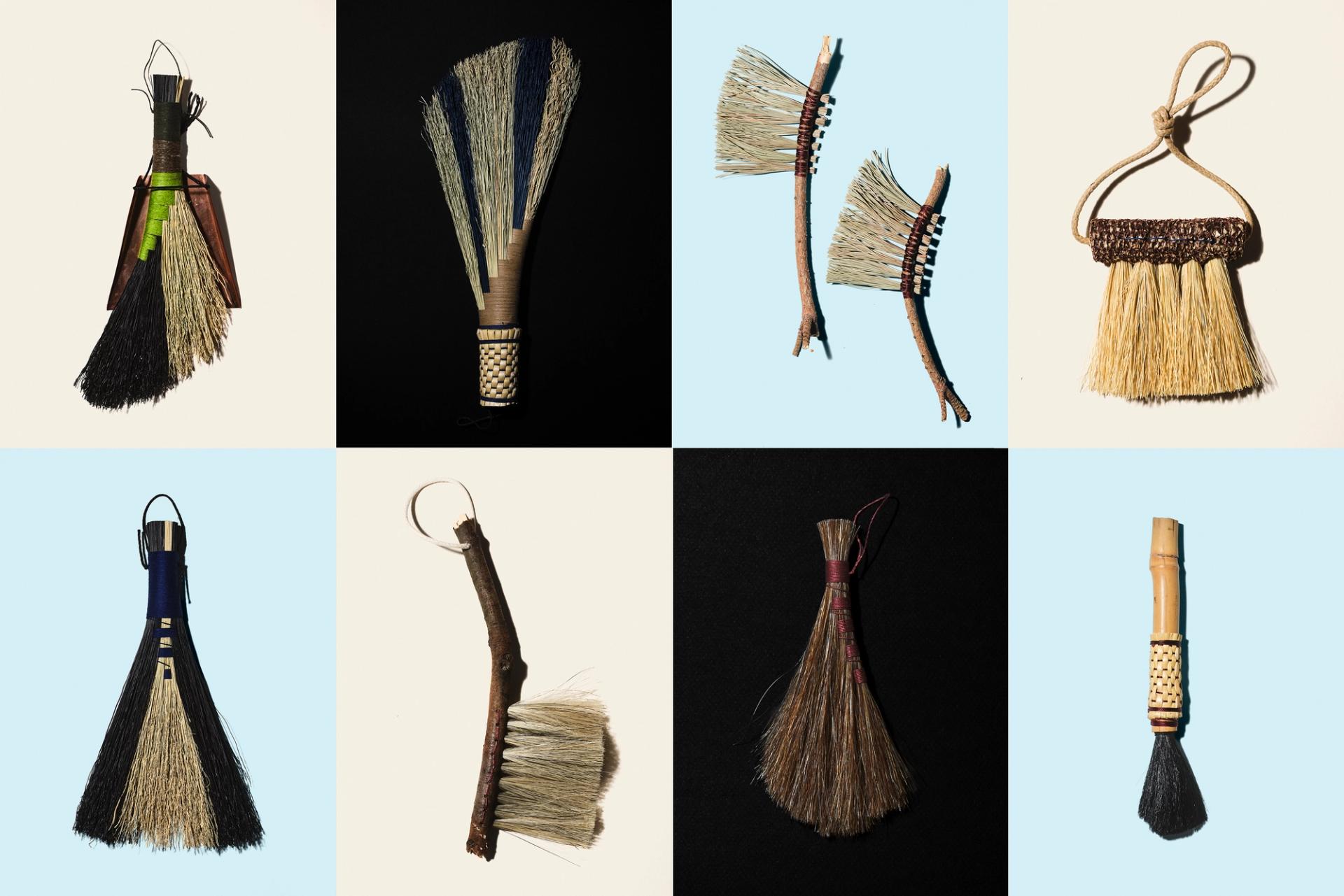 Six images of various handmade wooden brooms and brushes in different shapes and sizes against blue, cream, and black backgrounds.